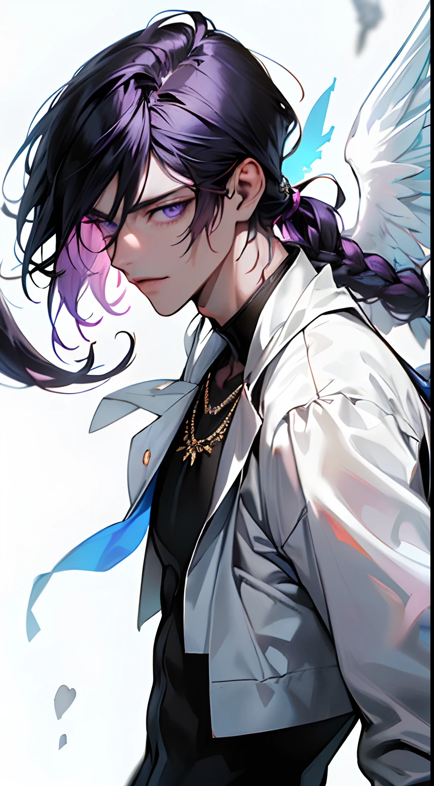 absurdres, (great composition), 1man, solo, MALE ONLY, MALE MODEL, adult, handsome, low ponytails indigo hair, shoulder-lenth hair, flying bangs, purple eyes, dynamic angle, dynamic lighting, well-built, white skin, refined, handsome_male, angelic messenger, feathered wings, celestial realm, divine messages, Grace, Purity, Compassion, perfect face, perfect skin, white robe, armer, gorgeous bracelet, necklaces