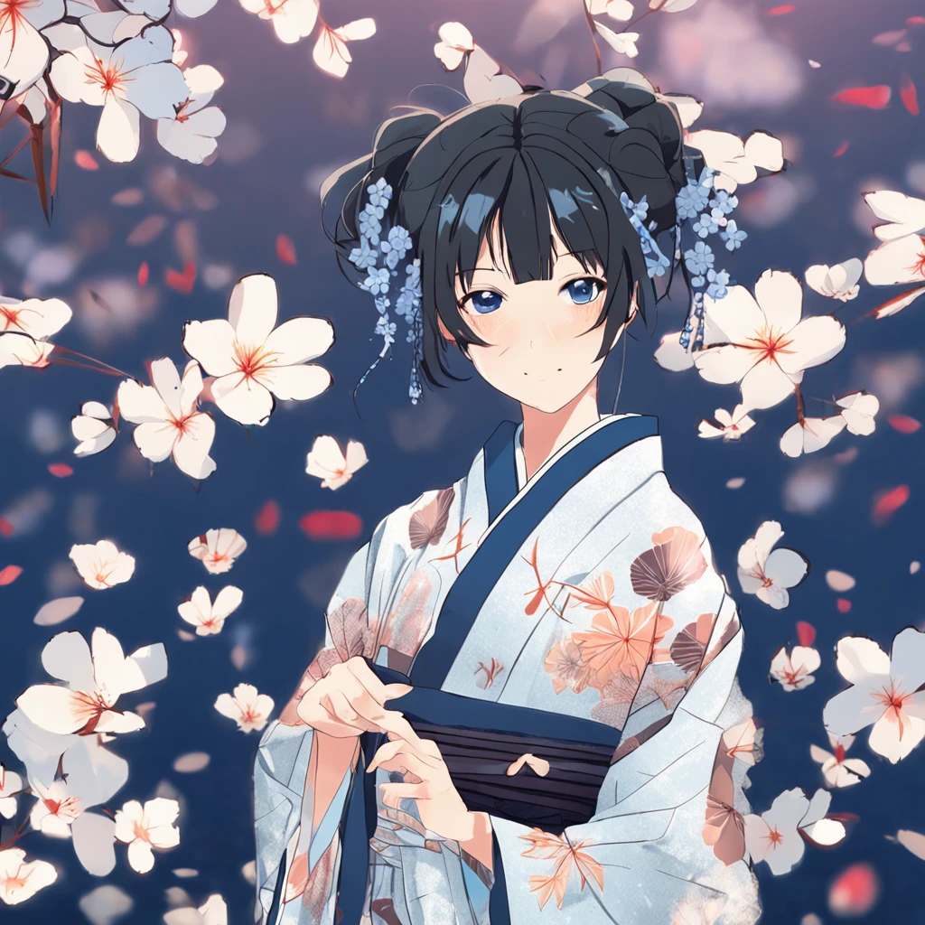 A single anime woman is looking at the camera, with black eyes and black tied up hair, wearing a navy blue flower petal printed yukata, is standing in front of a absolute icy blue background and is curiously looking at the camera with one of her eyebrow up in curiosity. This is a promotional picture. She is alone. SFW.