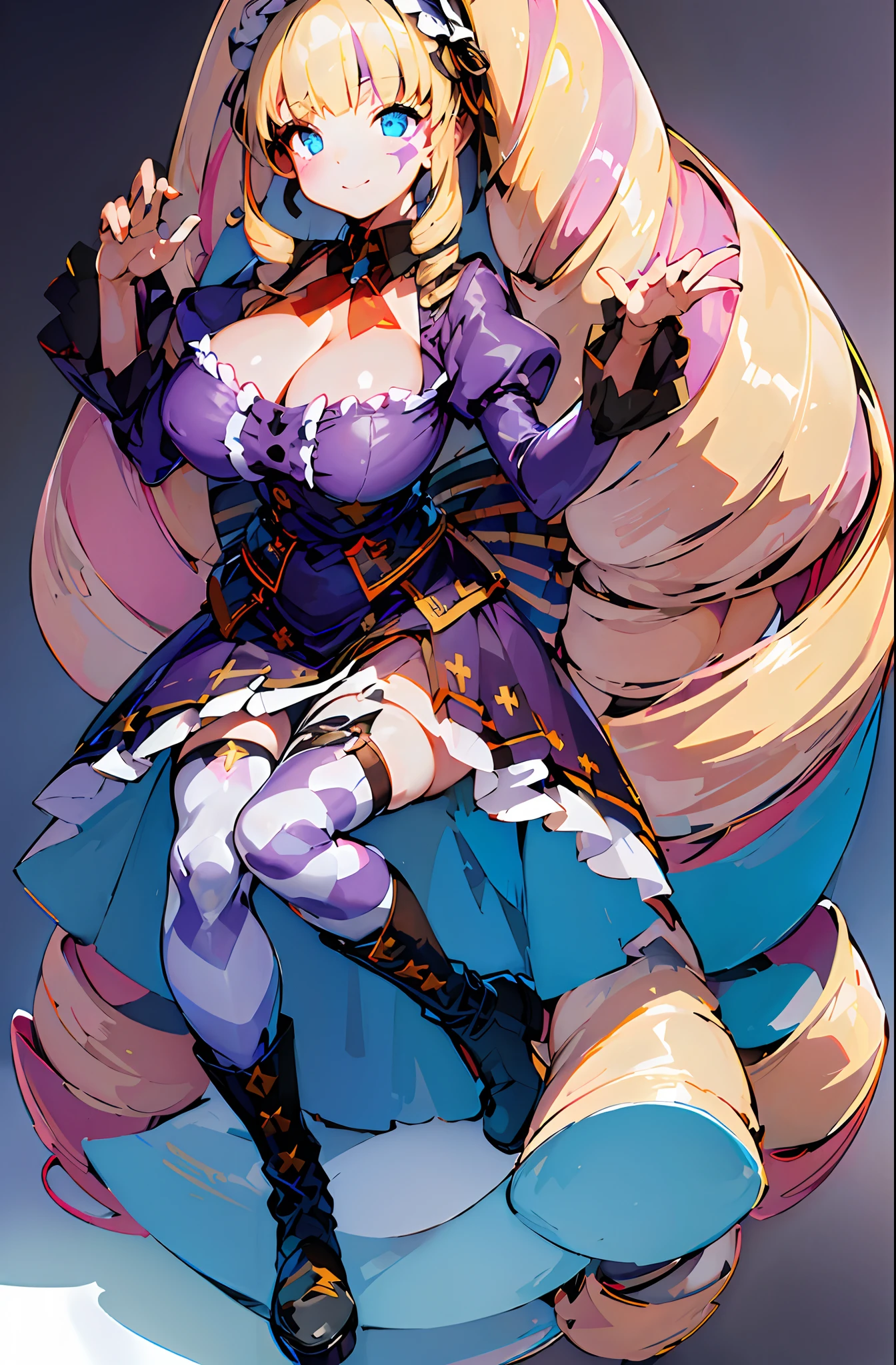 (dwu:1.5),(masterpiece, top quality, best quality, official art:1.2), 1girl, solo,fullbody, blue eyes,(facial mark:1.5),Teasing smiley eyes, (big drill twin hair:1.5),drill sidelocks,multicolored hair,multicolored bangs,blonde and pink hair,frilled hairband, cleavage,big tits, purple dress,sleeves,frill,boots,Asymmetrical thighhighs,white and purple pattern thighhighs,a belt on the thighhigh,standing