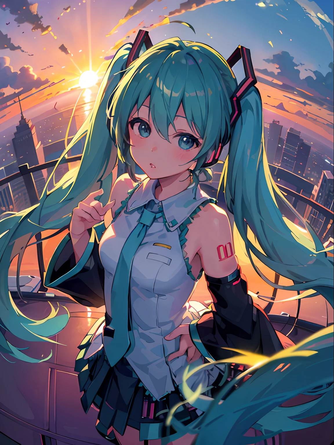 ((masterpiece))((sfw))
(best_quality)
(fisheye) (from_above)
(blurry_background) (depth_of_field)
(caustics)
(outdoors) (rooftop) (sunset) (backlighting) (sunlight)
                                 (Hatsune Miku) (twintails)
(parted_lips)