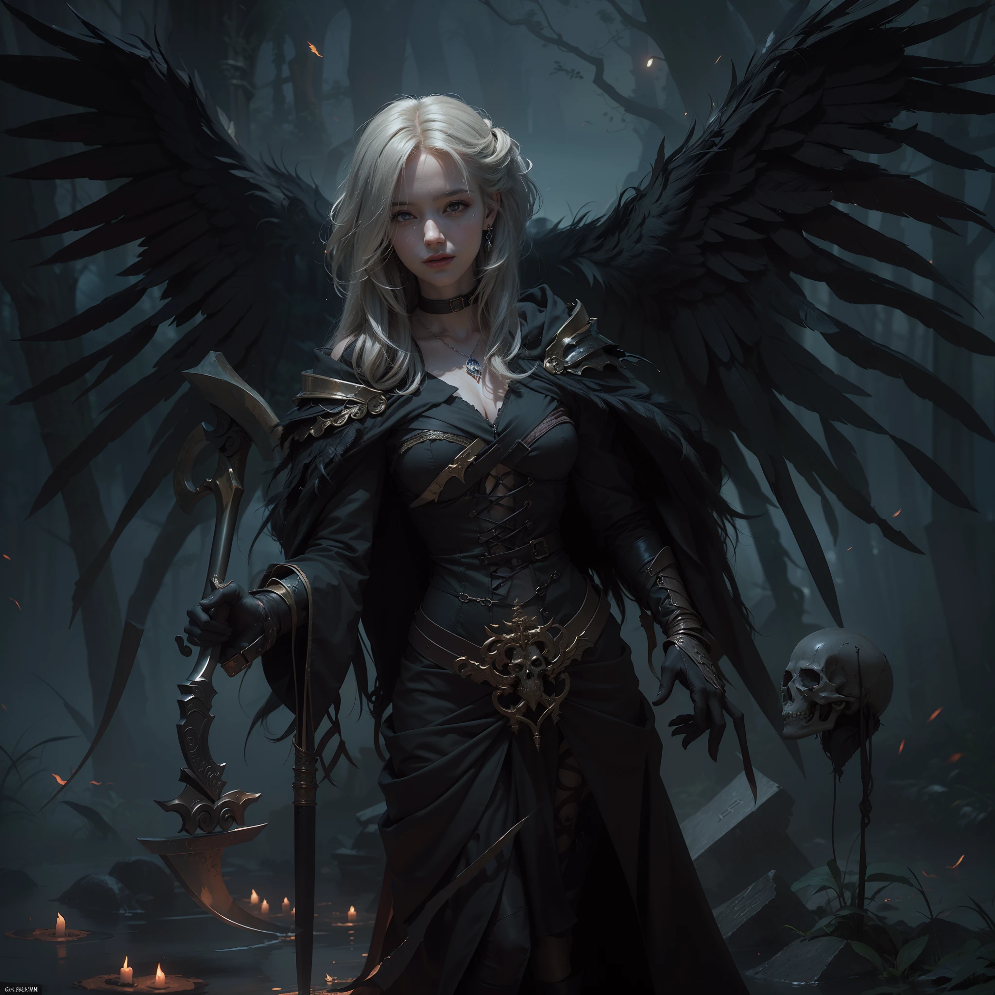 (Numerous award-winning masterpieces, with incredible detail, textures and maximum detail), (hyper realistic:1.4), (realistic:1.3), (best quality real texture skin), (finely detailed true circle eyes), (finely Detailed and beautiful face:1.6), ((medieval world)), (grim reaper:1.4), (icy look in the eye), (she has a nasty smile on her face but her eyes aren't smiling:1.3), (Full-length portrait:1.5), (It has a soul-reaping scythe in its hand:1.5), (Eyes that glow red in the dark), (Dramatic Light), (full-body standing image:1.5), (A majestic sight), Her countenance is gentle and beautiful, but somehow terrifying, (Large wings with ragged black feathers behind shoulders:1.3), (Wears a dark black hooded robe with intricate patterns:1.2), (A sack containing reaped souls with a faint glow:1.3), Folded wings, Earrings with a skull pattern, (Followed by a skeleton knight behind:1.1), (((dramatic photo))), (twilight), (sunset), (dusk), ((dramatic pose)), (flamboyant photo), (golden hair), (silver hair), (chestnut hair), ((looks up)), ((looking down)), (gives full-body standing image:1.5), (Around her neck is a simple necklace of exquisite workmanship), Forgotten Tomb Overgrown with Vegetation, Great Tomb, Underground Labyrinth, Evil Temple Ruins, Sacrificial Temple, Mysteriously, (Magic Circle of Ominous Shine:1.2), Ancient Castle Ruins, Deserted Graveyard Ruins, Crumbled Ancient Tomb, Stagnant Water Ancient Ruins, Swamp Ruins, wavelets, running water, Shining majestic cloud masses and sky, lightning bolt,
