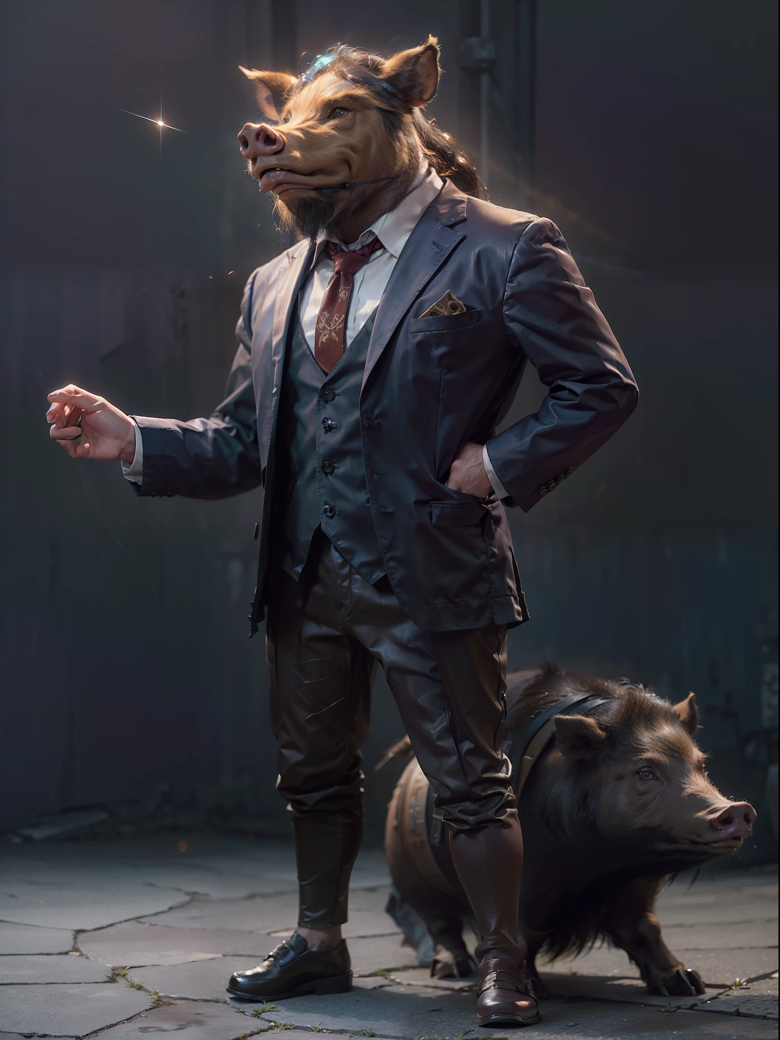 (((fullbody image、Standing posture)))、(Full body boar standing upright in luxury business suit、Humanoid boar、Cool anthropomorphic boar with long legs)、​masterpiece, top-quality, in 8K , intricate detailes, ultra-detailliert , light Particle、32K Digital Paint, Hyper-Realism, No background