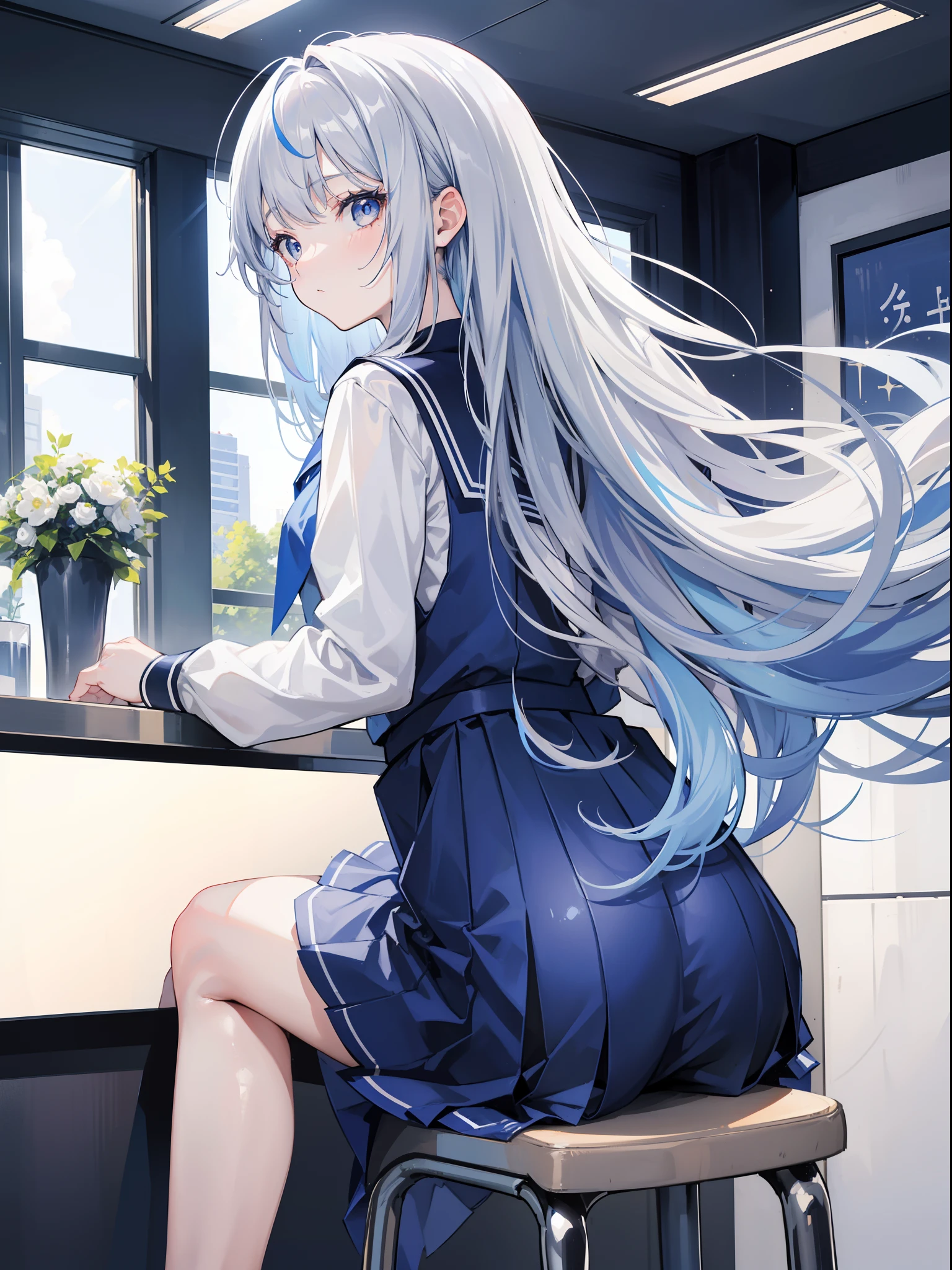 1girl, 164 cm height, tall girl, charismatic, 18 years old, navy colored hair, very long hair, white silver eyes, blue skirt, high school uniform, blue ribbon, sitting, butt form, back view, no looking, sit on chair, crouching, juicy