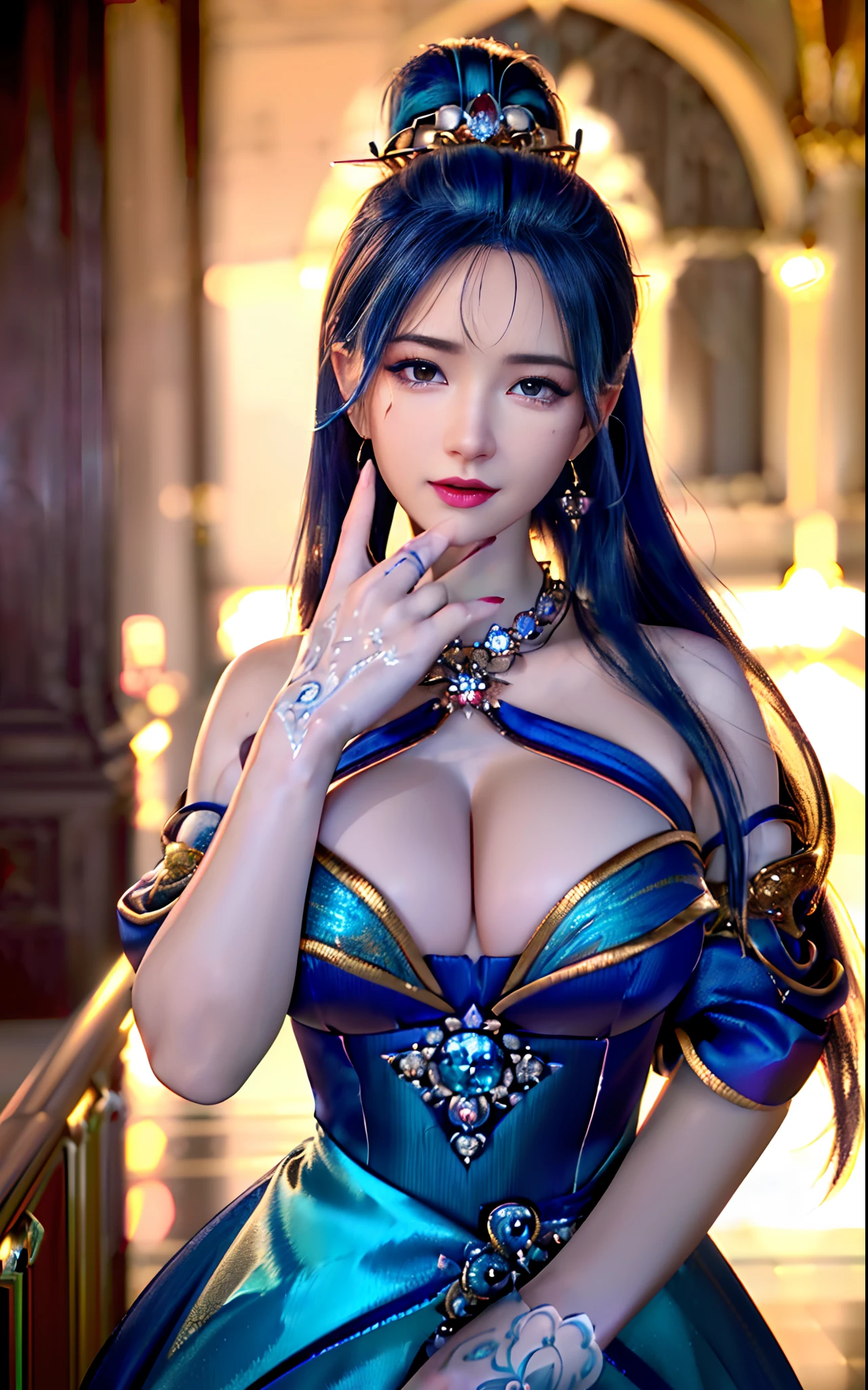 ((realisticity: 1.2)), ((realistic: 8K UHD)), ((best resolution: 8K UHD)), hyper detailed, best quality,masterpiece,highres,cg, ((1 girl hyper detailed and hyper realistic) ) , ((beautiful queen, hyper realistic and hyper detailed)),((white skin, beautiful, smooth, youthful, hyper realistic and hyper detailed )), ((Face hyper beautiful, white, hyper realistic and hyper detailed ) ), long hair, ((hyper realistic and hyper detailed dress)), solo, ((hyper realistic, hyper beautiful, beautiful and hyper detailed jewelry)), ((hyper beautiful deep red and golden yellow dress, hyper realistic and hyper detailed )) , ((Her pretty, hyper realistic, hyper detailed diamond filled earrings)), ((Her gorgeous diamond haircut, hyper realistic and hyper detailed)), ((hyper pretty upper body, hyper beautiful, hyper realistic and hyper detailed) ), ((medium breast: 1.1)), ((hyper realistic, hyper pretty, hyper detailed boobs)), ((the backgroun of the royal palace is hyper majestic, hyper realistic and hyper detailed)),((hands and palms hyper beautiful, hyper detailed, hyper realistic)), ((hyper detailed and hyper realistic fingers and fingernails)), ((hyper pretty fingernails, hyper vivid, hyper detailed, hyper realistic)), ((thumb, index finger, middle finger, ring finger, little finger hyper vivid, hyper pretty, hyper detailed, hyper realistic)),
((hyper beautiful fingers, hyper detailed, and hyper realistic)), ((posture not too fat and not too thin, hyper realistic, hyper detail)), ((hyper pretty, hyper pretty, hyper realistic and hyper detailed hair bun)), ((hyper pretty , hyper realistic and hyper detailed blue hair)), candid, Photo, high resolution, 8k , bokeh,