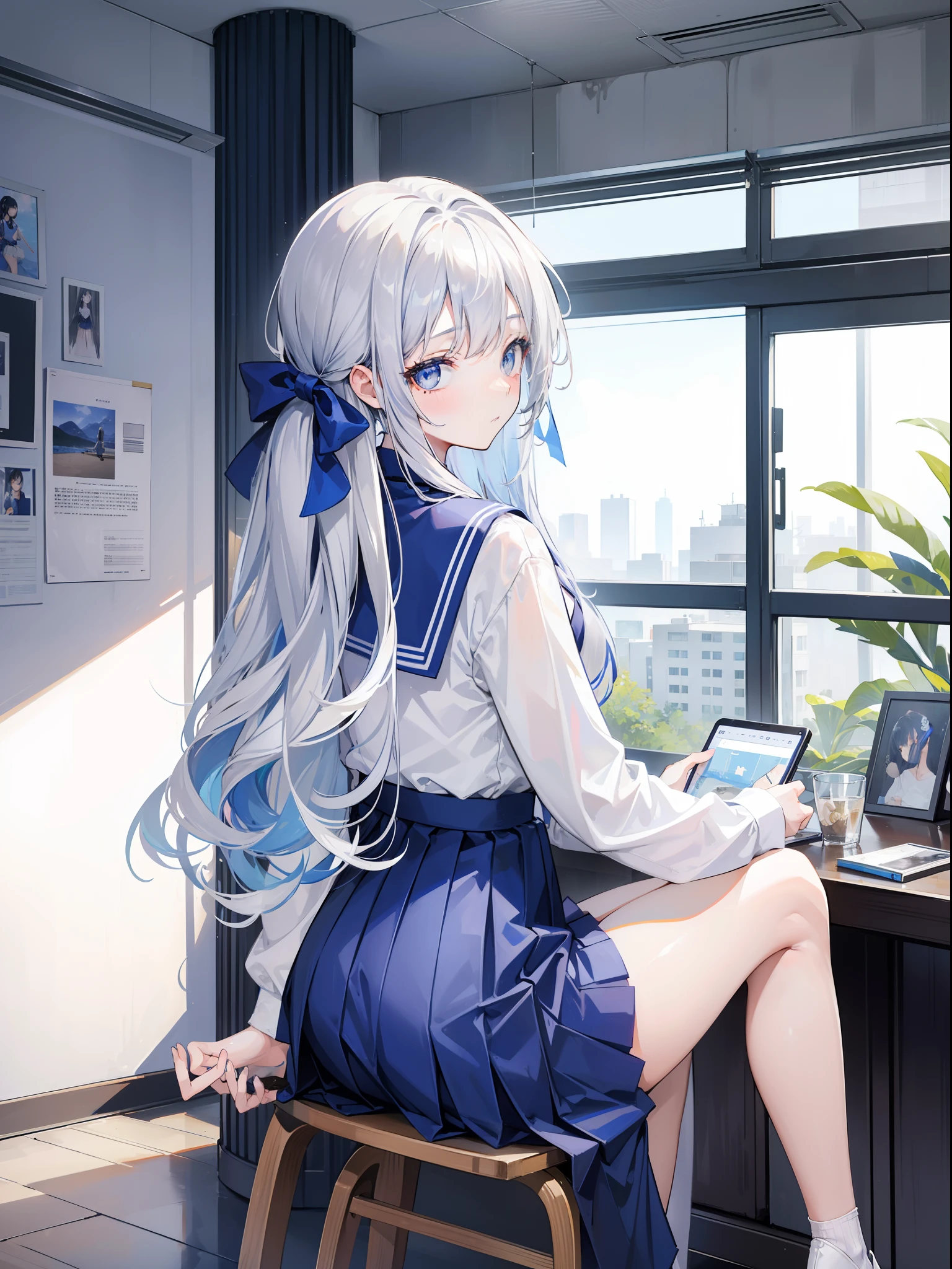 1girl, 164 cm height, tall girl, charismatic, 18 years old, navy colored hair, very long hair, white silver eyes, blue skirt, high school uniform, blue ribbon, sitting, butt form, back view, no looking, sit on chair, crouching, juicy