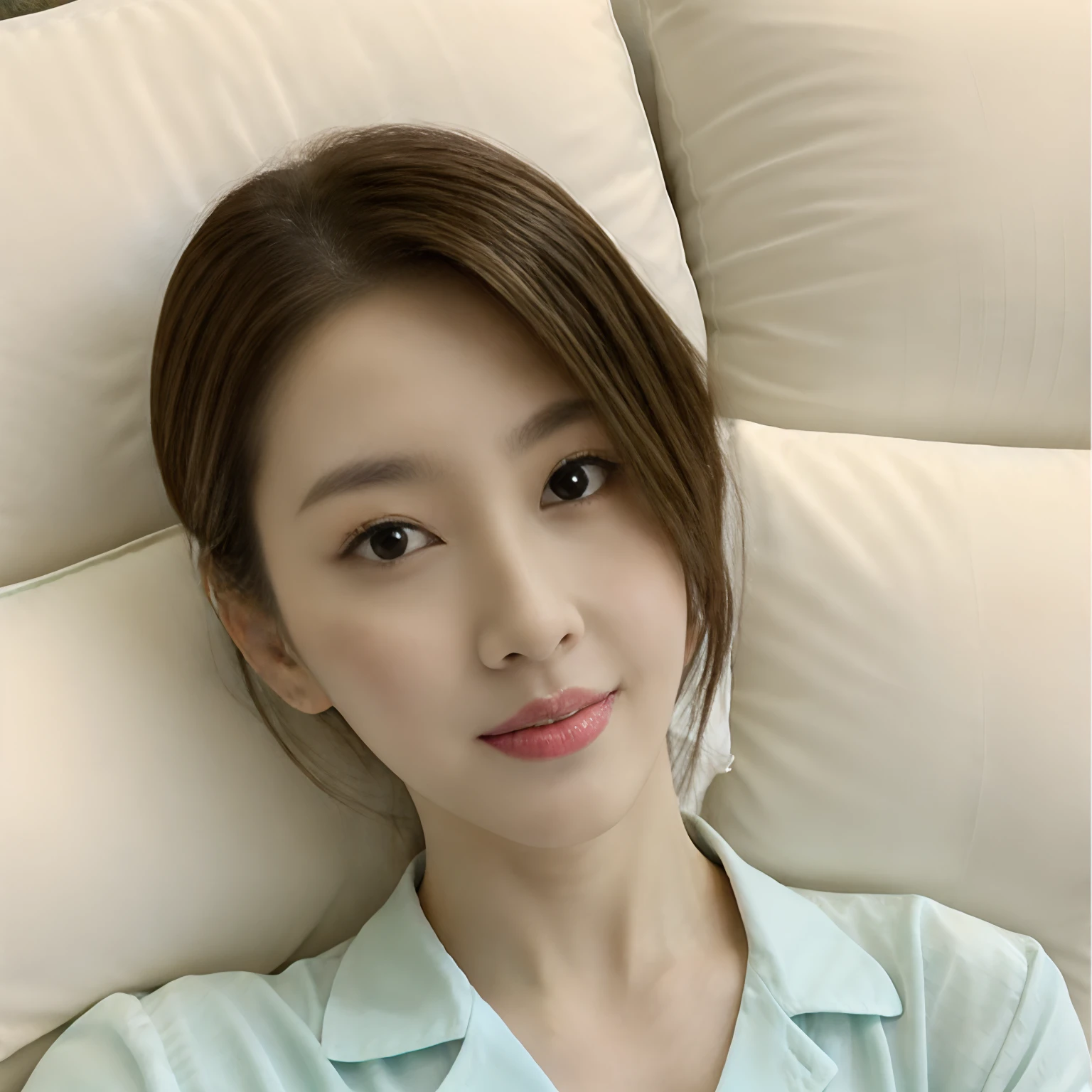 Silver shiny lying on a white pillow、Asian woman in pajama shirt sex、8K selfie photo,