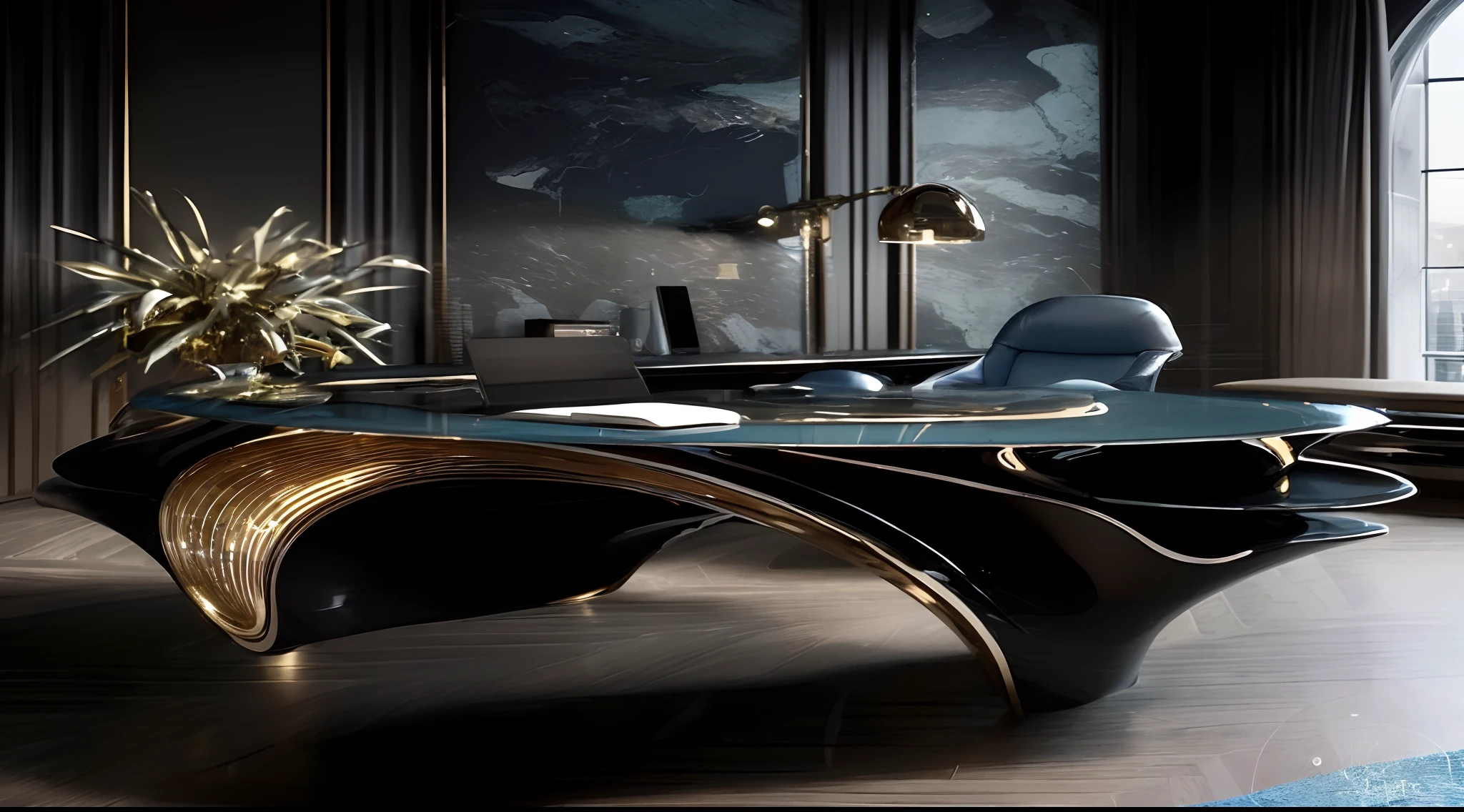 a close up of a desk with a chair and a lamp, magnificent design, futuristic decoration, luxury furniture, stunning-design, futuristic design, designer furniture, maximalist sculpted design, elegant and refined, furniture design, elegant furniture, glossy intricate design, made of liquid metal and marble, elegant study, gold and luxury materials, dark deco, elegant render, beautiful design