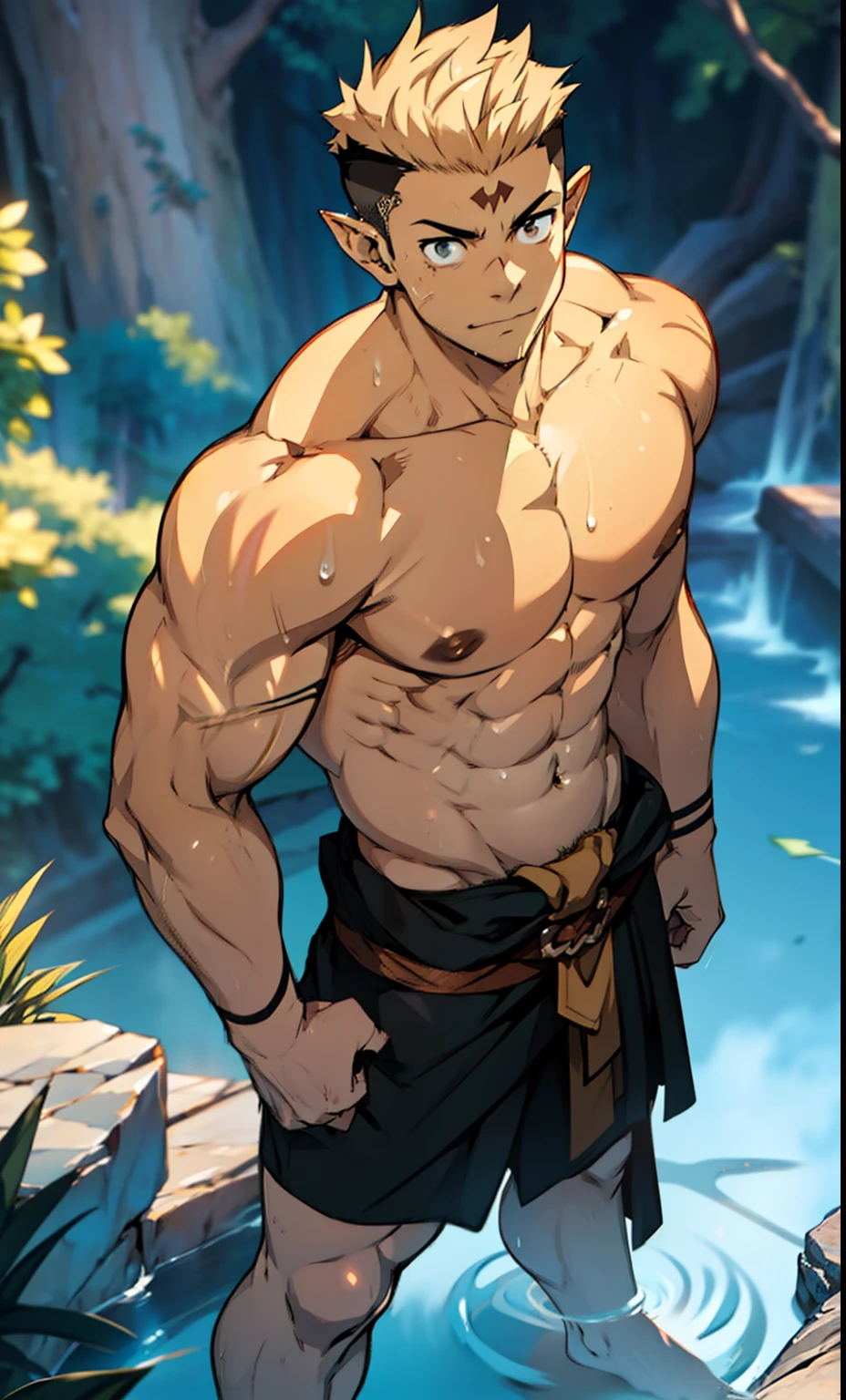 (photo corner up) (highest quality image) elf boy ,royal, young, , wearing triangular loincloths, anime image, standing, legs closed, cute babyte, young and cute face, undercut hair, huge muscular chest muscles, big strong thighs, strong hamstrings, sinewy biceps muscles, huge body, well developed muscles, muscles clear, sinewy 8-pack abdomen, topless, ruddy white skin, super shiny skin, dripping sweat, hands in pockets, bare feet, no beard