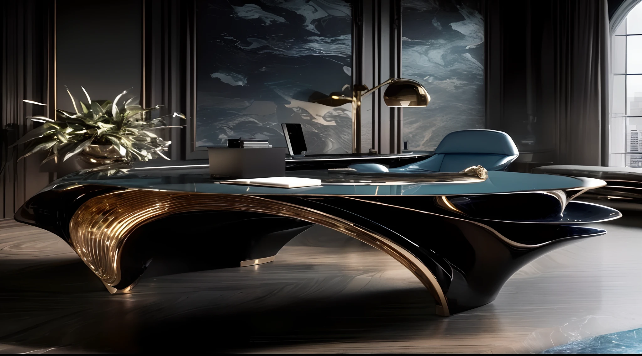 a close up of a desk with a chair and a lamp, magnificent design, futuristic decoration, luxury furniture, stunning-design, futuristic design, designer furniture, maximalist sculpted design, elegant and refined, furniture design, elegant furniture, glossy intricate design, made of liquid metal and marble, elegant study, gold and luxury materials, dark deco, elegant render, beautiful design