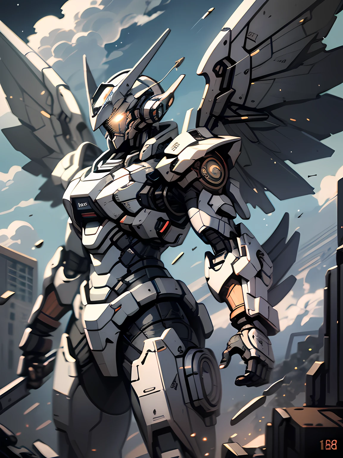 (masterpiece, best quality:1.3),extremely high detailed, intricate, 8k, HDR, wallpaper, cinematic lighting, sky, cloud, holding weapon,  glowing, armor, building, glowing eyes, mecha, science fiction,space, realistic,mecha, wings,