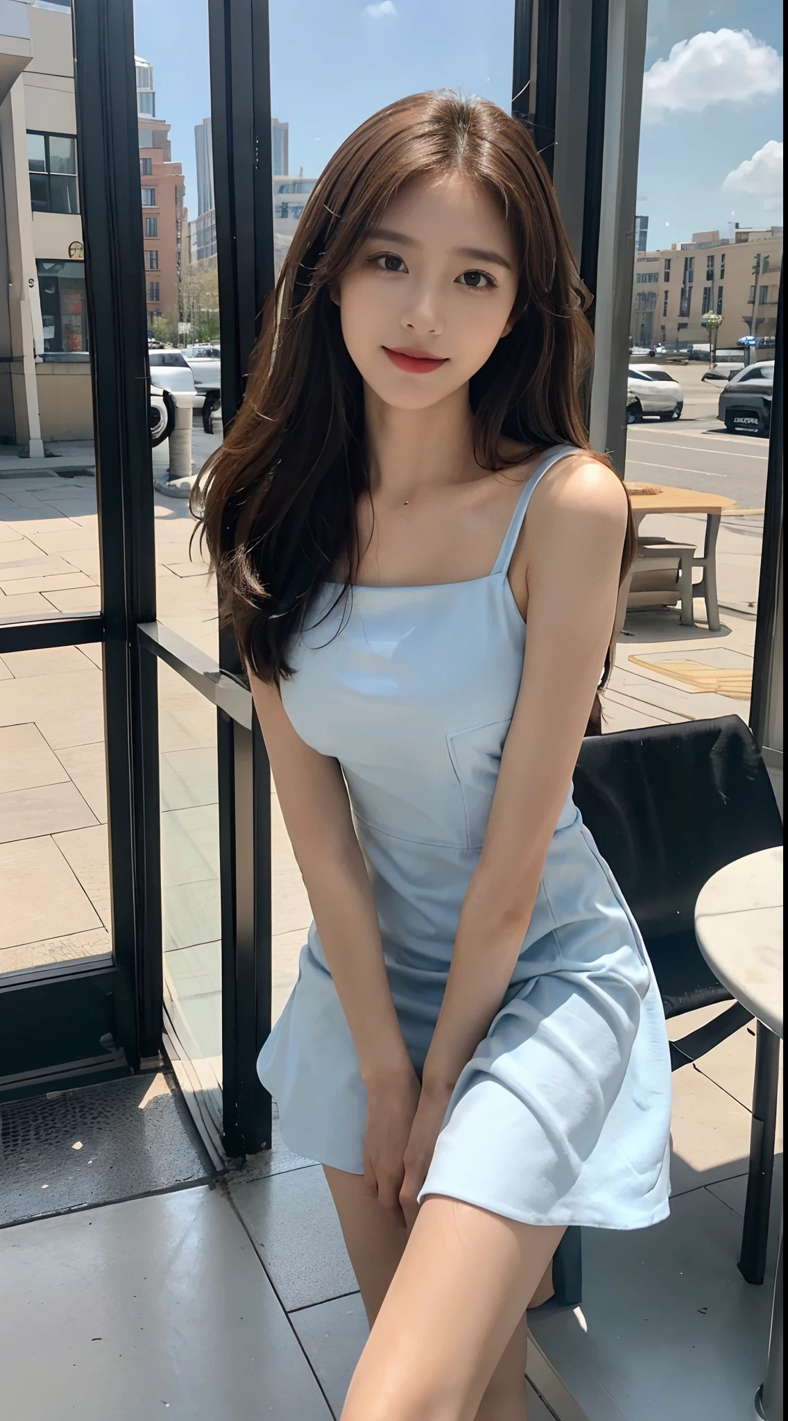 ((Best picture quality, 8K, tmasterpiece: 1.3)), self-shot, Sharp focus: 1.2, A cute beauty with a perfect figure: 1.4, Slim big breasts, ((Brown hair black)) , (Small flesh-colored dress,Highly detailed face,Happy expression,standing on your feet:1.2),((A city with blue skies and white clouds,At the cafe:1.3. Produced with a major focus on women)),Highly detailed facial and skin texture,Detailed eyes,二重まぶた