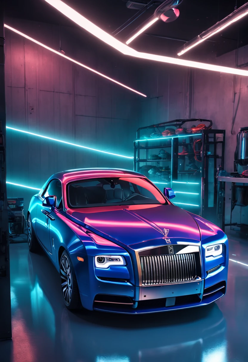 roll royce a close up of a sports car in a garage with a neon light, automotive photography, cyberpunk garage on jupiter, vehicle photography, sports , dramatic lighting and colors, hq 4k wallpaper, dramatic lighting render, futuristic product car shot,, daily render, captured on canon eos r 6, beautiful and cinematic lighting front part