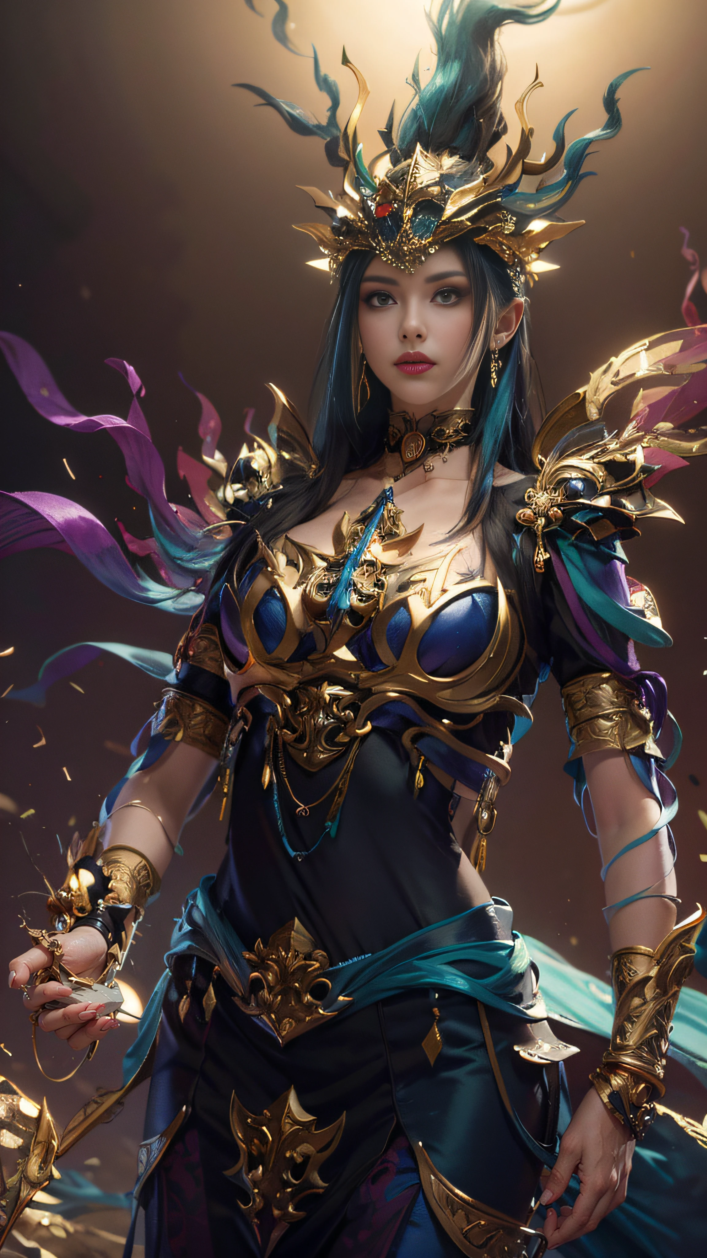 (busty malaysian woman:1.1, age 40:1.1, hijab no hair showing:1.1, athletic:1.1, many chains jewels and charms, wielding magic weapons), final showdown against a jeweled dragon, (best quality:1.2), ultra-detailed, realistic:1.37, HDR, studio lighting, vivid colors, portraits, sharp focus, physically-based rendering, extreme detail description, professional, bokeh, vibrant color palette, dramatic lighting