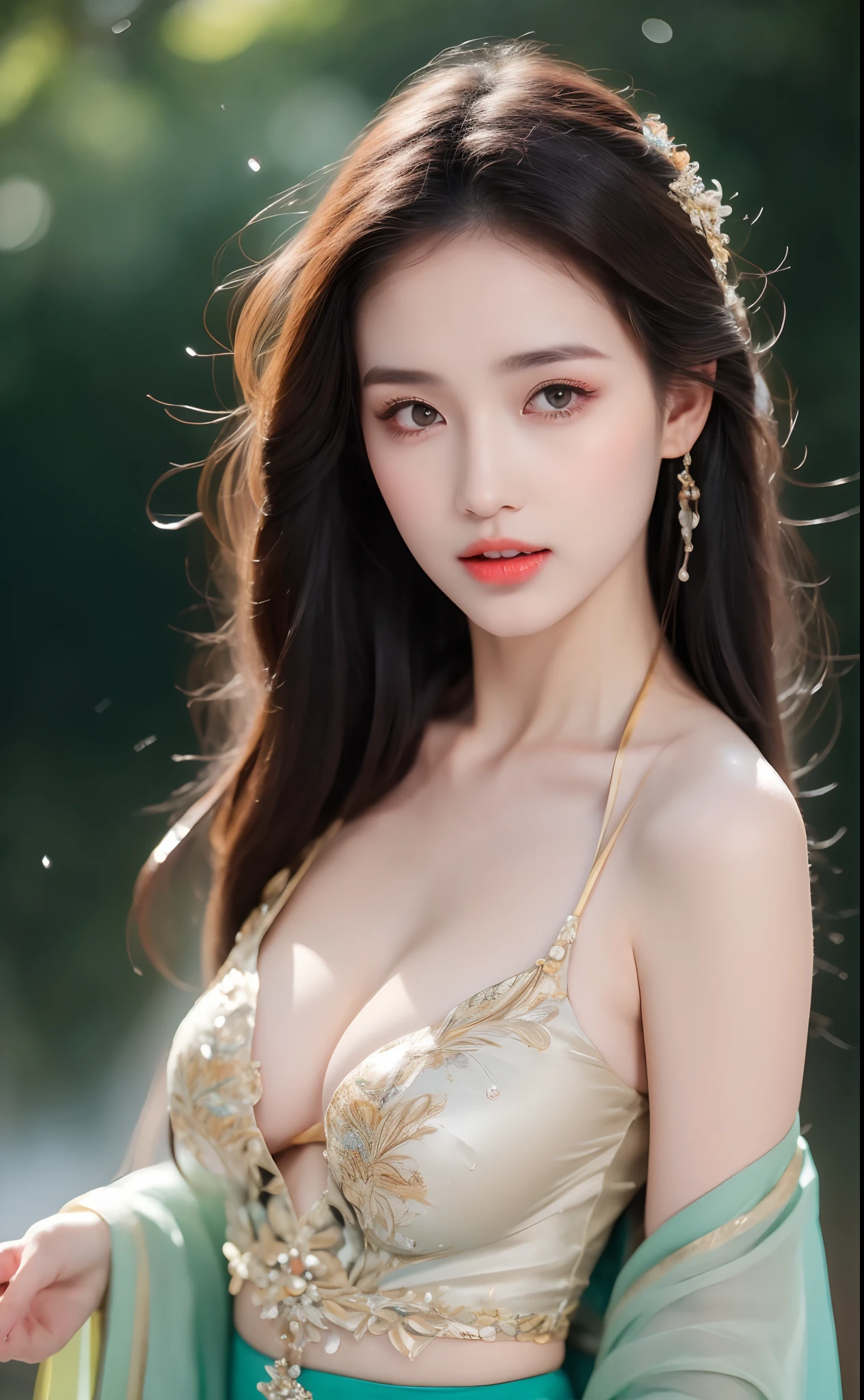 ((Best Quality, 8k, Masterpiece: 1.3)), Focus: 1.2, Perfect Body Beauty: 1.4, Buttocks: 1.2, ((Layered Haircut)), (Wet Clothes: 1.1), (Rain, Street:1.3), (Breasts: 1.2), (Hanfu: 1.2), Bare Shoulders, Bare Legs, Highly Detailed Face and Skin Texture, Fine Eyes, Double Eyelids, Whitened Skin, Long Hair, (Shut Up: 1.5), (Bokeh Background: 1.5), Big Breasts
