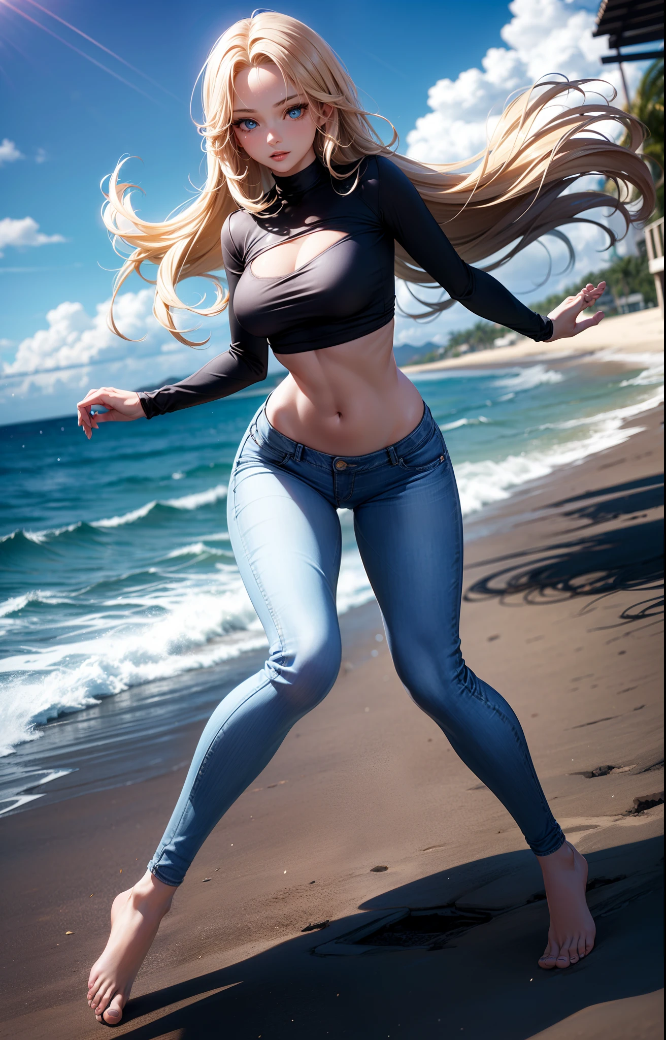masterpiece, extremery magnificent view, perspective, extremery best quality, extremery detailed CG, 8k wallpaper, high resolution, highly detailed face, highly detailed eyes, perfect anatomy, super detailed skin,
(dynamic angle, dynamic pose:1.2), outdoors, beach, smooth waves, (portrait, legs focus, full body), (beautiful face, beautiful eyes, beautiful legs:1.3),
1 girl, solo, (black top, blue jeans pants:1.3), (skinny jeans:1.3), long sleeves, medium breasts, blond hair, long hair, floating hair, straight hair, open forehead, (barefoot:1.3), blue eyes, (navel:0.8), skinny, slender, wide hips, thin waist