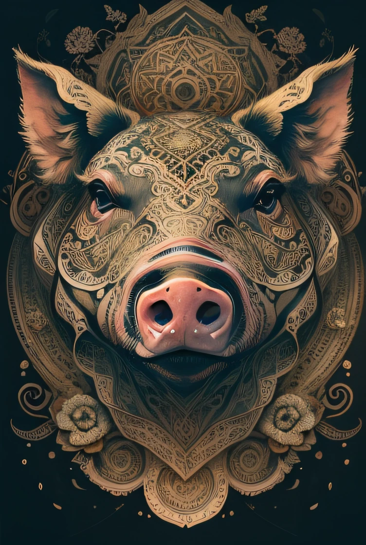 offcial art，统一 8k 壁纸，ultra - detailed，Beauty and aesthetics，big breasts beautiful，tmasterpiece，Best quality at best，（zentangle，datura，Tangles，entangled），（ecstasy of flower：1.2）dynamic angle，cow boy shot，The most beautiful form of chaos，ellegance，Fauvistdesign，vivd colour，romanticism lain，atmospurate，pigs，Pig，Zodiac pig，Clear pattern，the detail，flawless perfection，