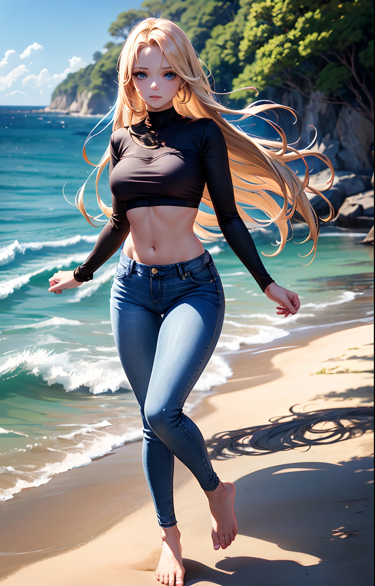 masterpiece, extremery magnificent view, perspective, extremery best quality, extremery detailed CG, 8k wallpaper, high resolution, highly detailed face, highly detailed eyes, perfect anatomy, super detailed skin,
(dynamic angle, dynamic pose:1.2), outdoors, beach, smooth waves, (portrait, legs focus, full body), (beautiful face, beautiful eyes, beautiful legs:1.3),
1 girl, solo, (black top, blue jeans pants:1.3), (skinny jeans:1.3), long sleeves, medium breasts, blond hair, long hair, floating hair, straight hair, open forehead, (barefoot:1.3), blue eyes, (navel:0.8), skinny, slender, wide hips, thin waist