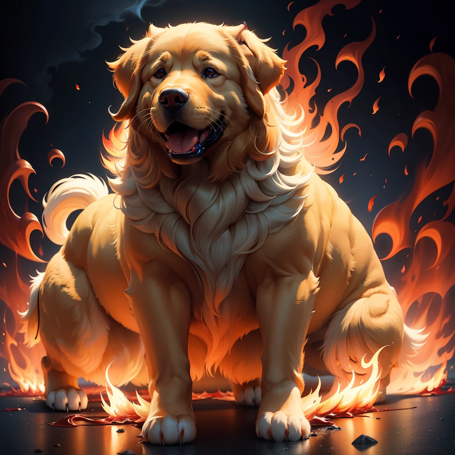 A golden retriever engulfed in red flames、A golden retriever engulfed in white flames、A Golden Retriever Engulfed in Blue Flames、