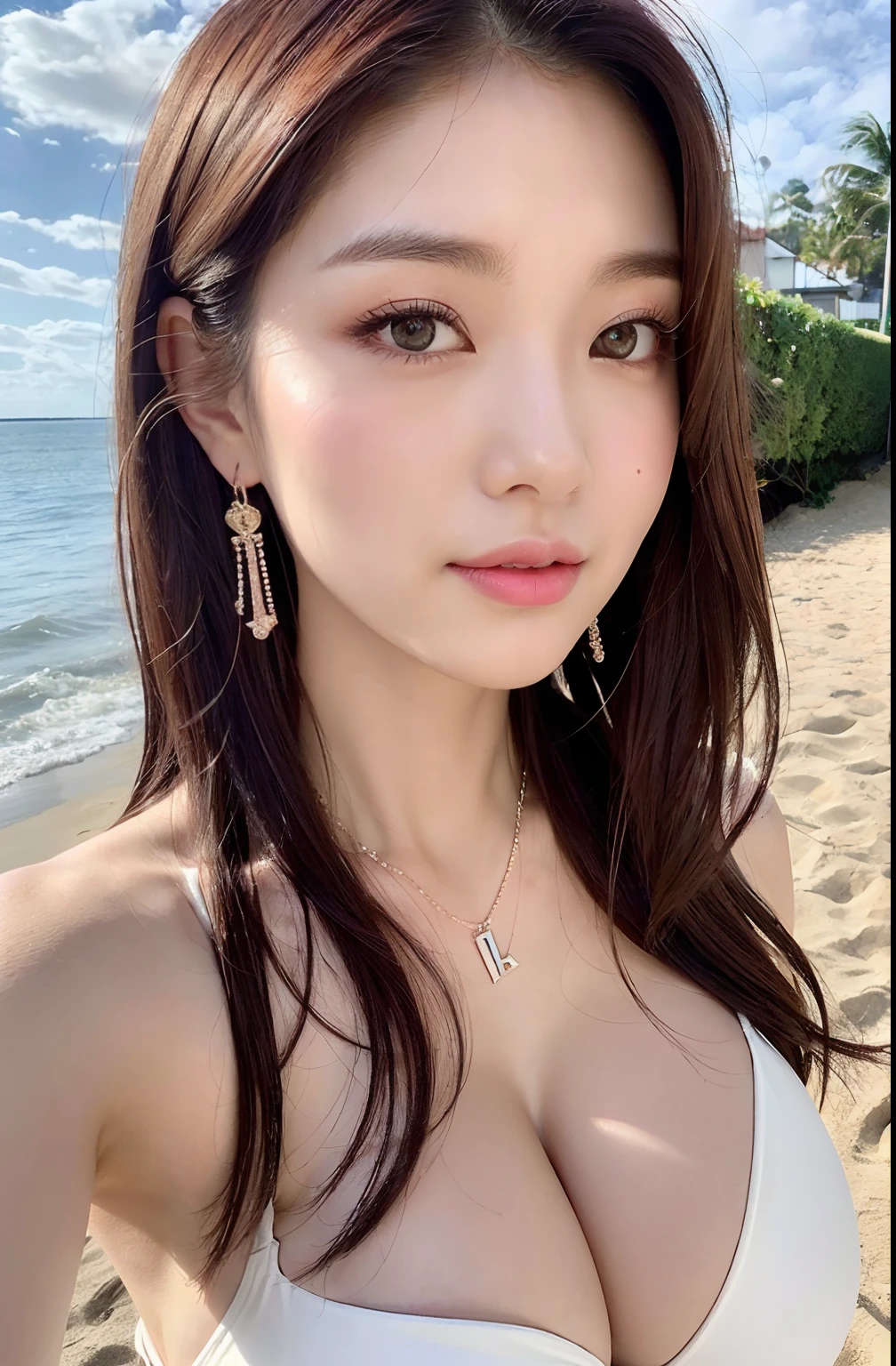 24-year-old woman、One lover, (Colossal tits:1.3),  Sandy beaches in Hawaii、White silk micro bikini、Lying at the water's edge、On a towel、(​master piece: 1.3), (max resolution: 1.4), (UltraHD: 1.2), cinematric light, UltraHD, (Detailed eyes and skin), (detailed facial features), nffsw, 8K分辨率, Perfect Style, Beautiful expression、Highly detailed facial and skin texture、A detailed eye、二重まぶた、Glitter Eyeliner:1.2、shinny skin、Bright Red Rouge、fair white skin:1.2、shiny little necklace and earrings,、shiny lip:1.2、(embarrassed:1.2), (blush:1.2)、((FULL BODYSHOT:1.2))、((From a very intimate distance:1.2))、(Layered Hair Style、dark brown  hair)、medium-Long hair、(A very seductive smile:1.0)