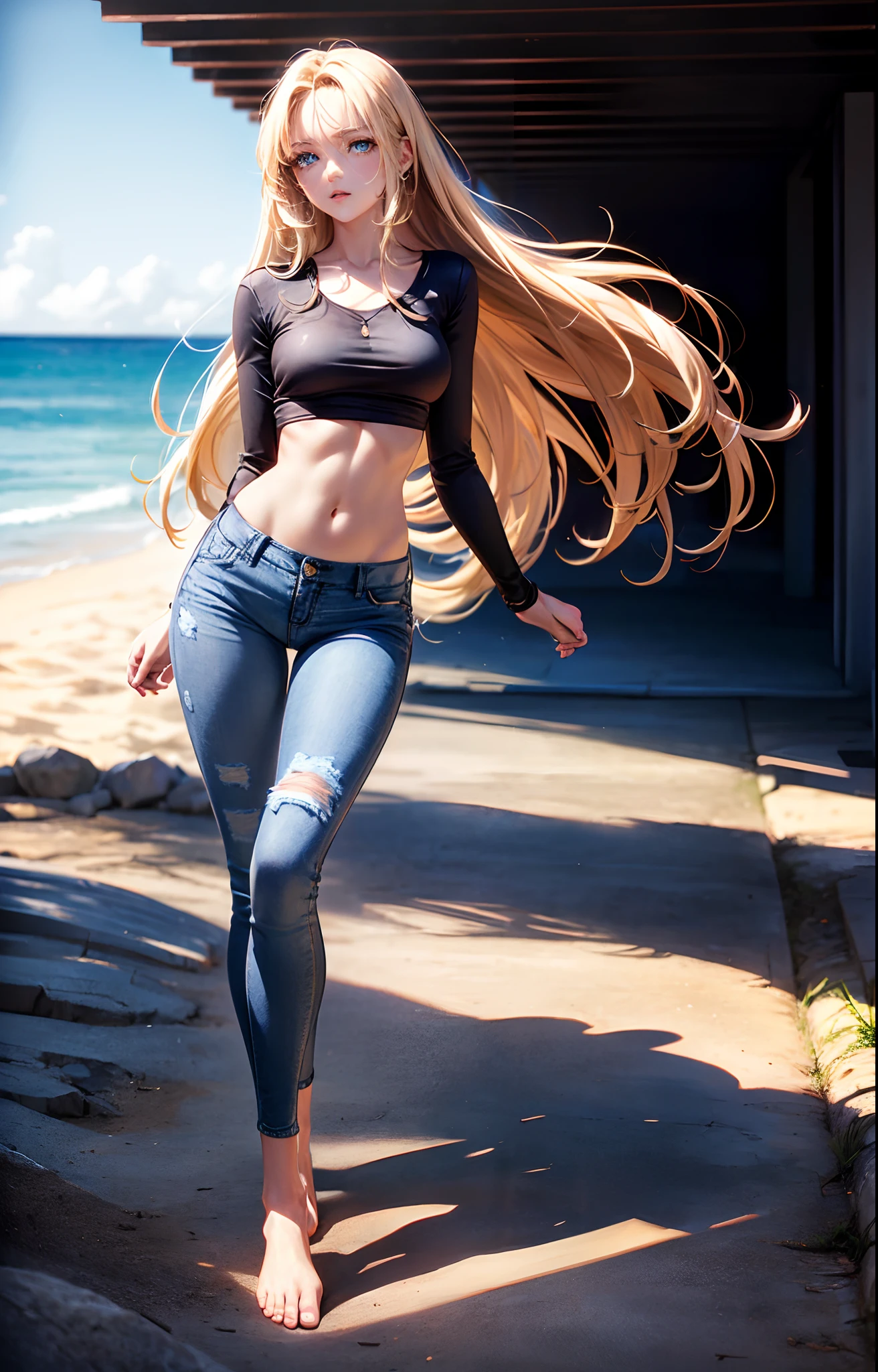 masterpiece, extremery magnificent view, perspective, extremery best quality, extremery detailed CG, 8k wallpaper, high resolution, highly detailed face, highly detailed eyes, perfect anatomy, super detailed skin,
(dynamic angle, dynamic pose:1.2), outdoors, beach, smooth waves, (portrait, legs focus, full body), (beautiful face, beautiful eyes, beautiful legs:1.3),
1 girl, solo, (black top, blue jeans pants:1.3), (skinny jeans:1.3), long sleeves, medium breasts, blond hair, long hair, floating hair, straight hair, open forehead, (barefoot:1.3), blue eyes, (navel:0.8), skinny, slender, wide hips, thin waist