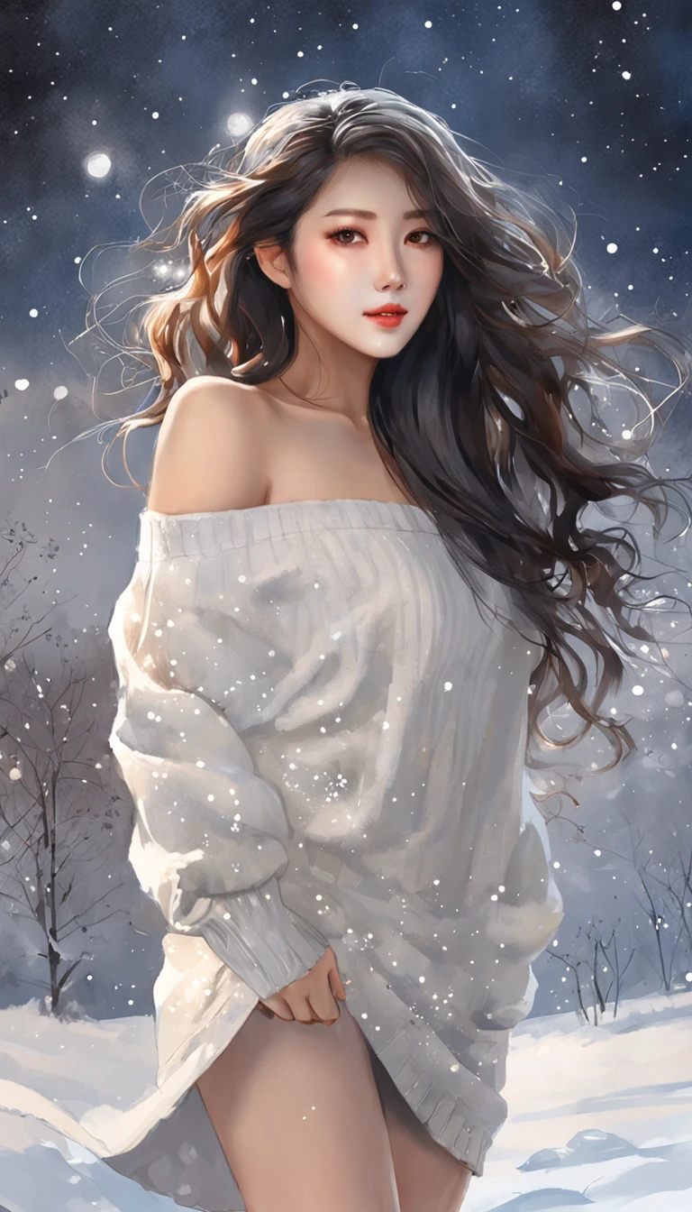 ((Looking back)), (((full bodyesbian))), ((Realistic)), ((From behind, From below)), ((off-the-shoulder clothes)), Beautiful young girl, Beautiful Korean model, cabellos largos dorados, curlies, By bangs, (slender leg), (cold light, the night, starrysky), (at winter season, nevando). ((White sweater, Short black skirt), Detailed scenes, the detail，Hyper-detailed, (correct hand), (??????? correct), (best qualtiy，tmasterpiece)