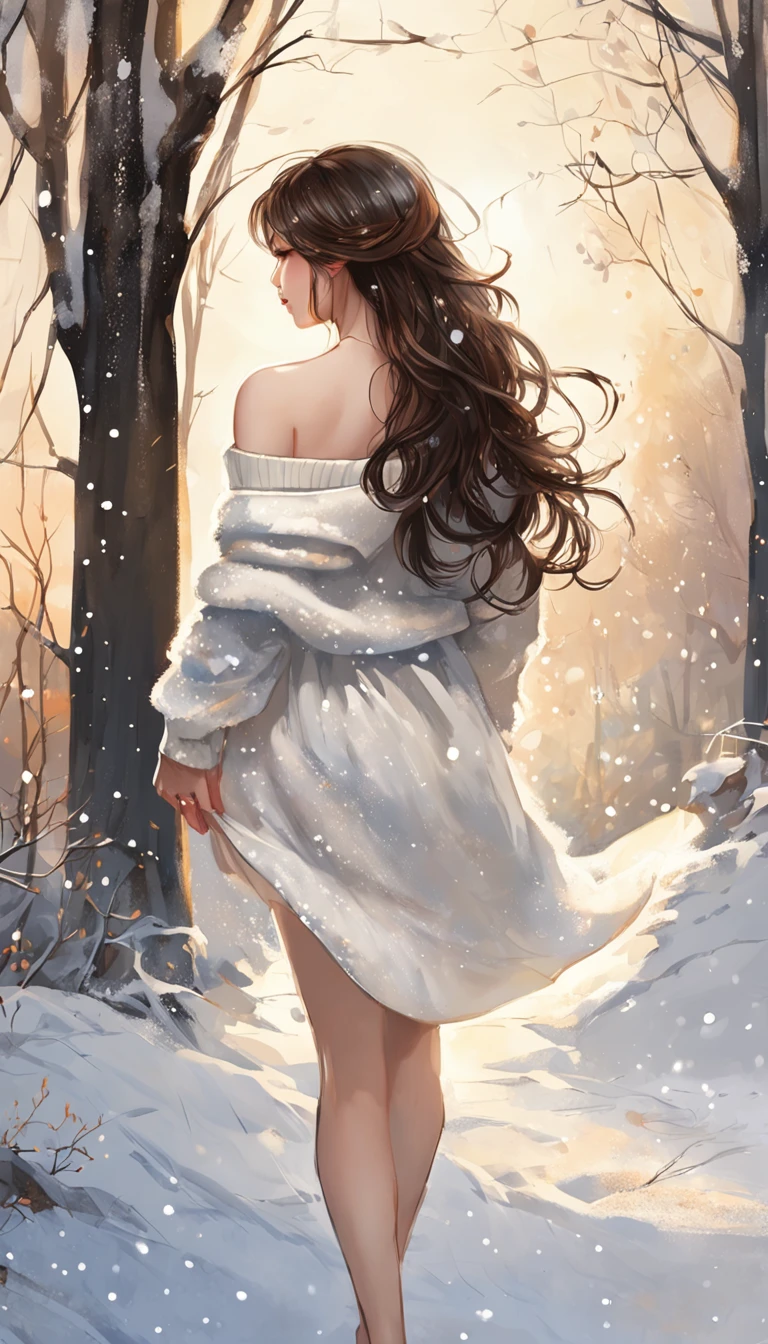 ((Looking back)), (((full bodyesbian))), ((Realistic)), ((From behind, From below)), ((off-the-shoulder clothes)), Beautiful young girl, Beautiful Korean model, cabellos largos dorados, curlies, By bangs, (slender leg), (cold light, the night, starrysky), (at winter season, nevando). ((White sweater, Short black skirt), Detailed scenes, the detail,Hyper-detailed, (correct hand), (anatomy correct), (best qualtiy,tmasterpiece)