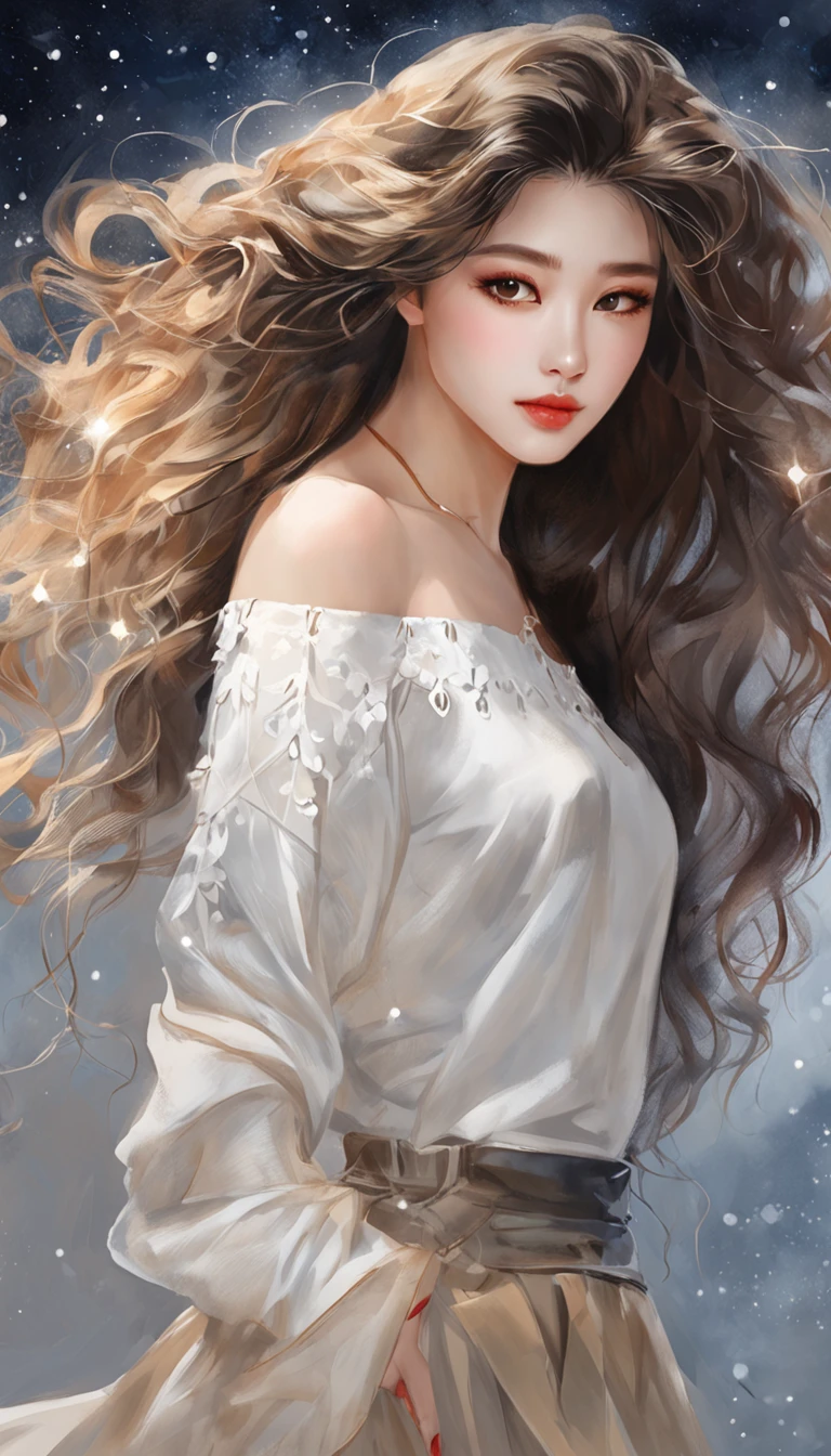 ((Looking back)), (((full bodyesbian))), ((Realistic)), ((From behind, From below)), ((off-the-shoulder clothes)), Beautiful young girl, Beautiful Korean model, cabellos largos dorados, curlies, By bangs, (slender leg), (cold light, the night, starrysky), (at winter season, nevando). ((White sweater, Short black skirt), Detailed scenes, the detail，Hyper-detailed, (correct hand), (anatomy correct), (best qualtiy，tmasterpiece)