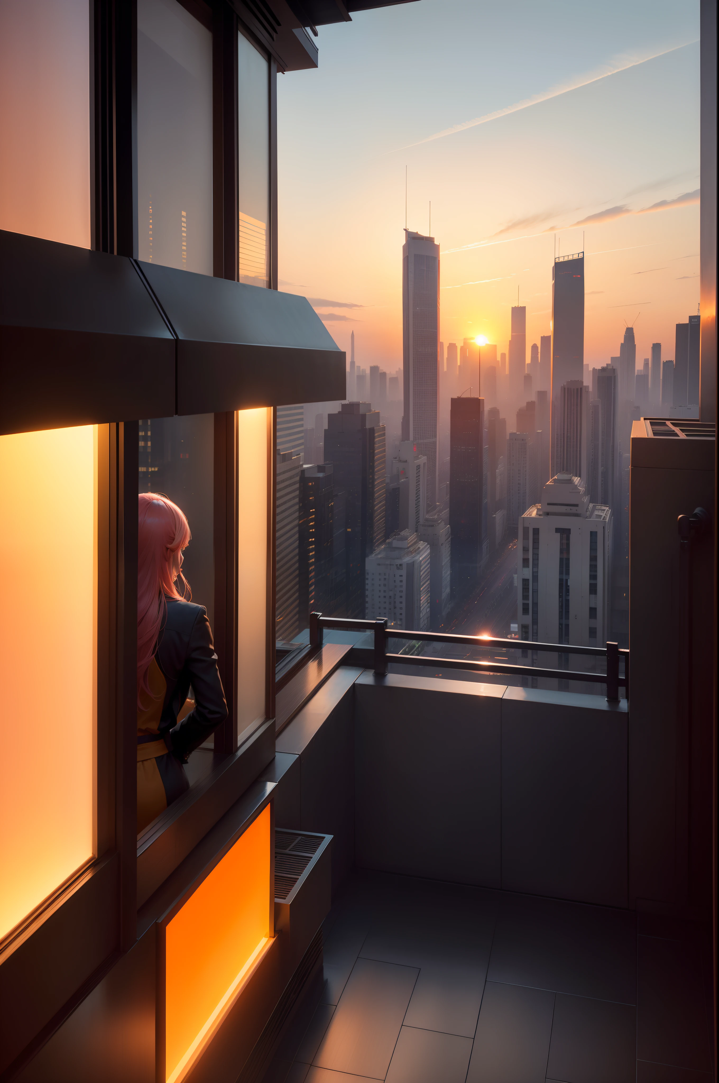 at the sunset, 城市, Skyscrapers, a person々Flow of, Building windows, Warm light, Walkway, a person々, cafe terrace, Friends, Laughing, Skysky, an orange, pink there, tints, Urban hustle and bustle, Beautiful sunset, harmony