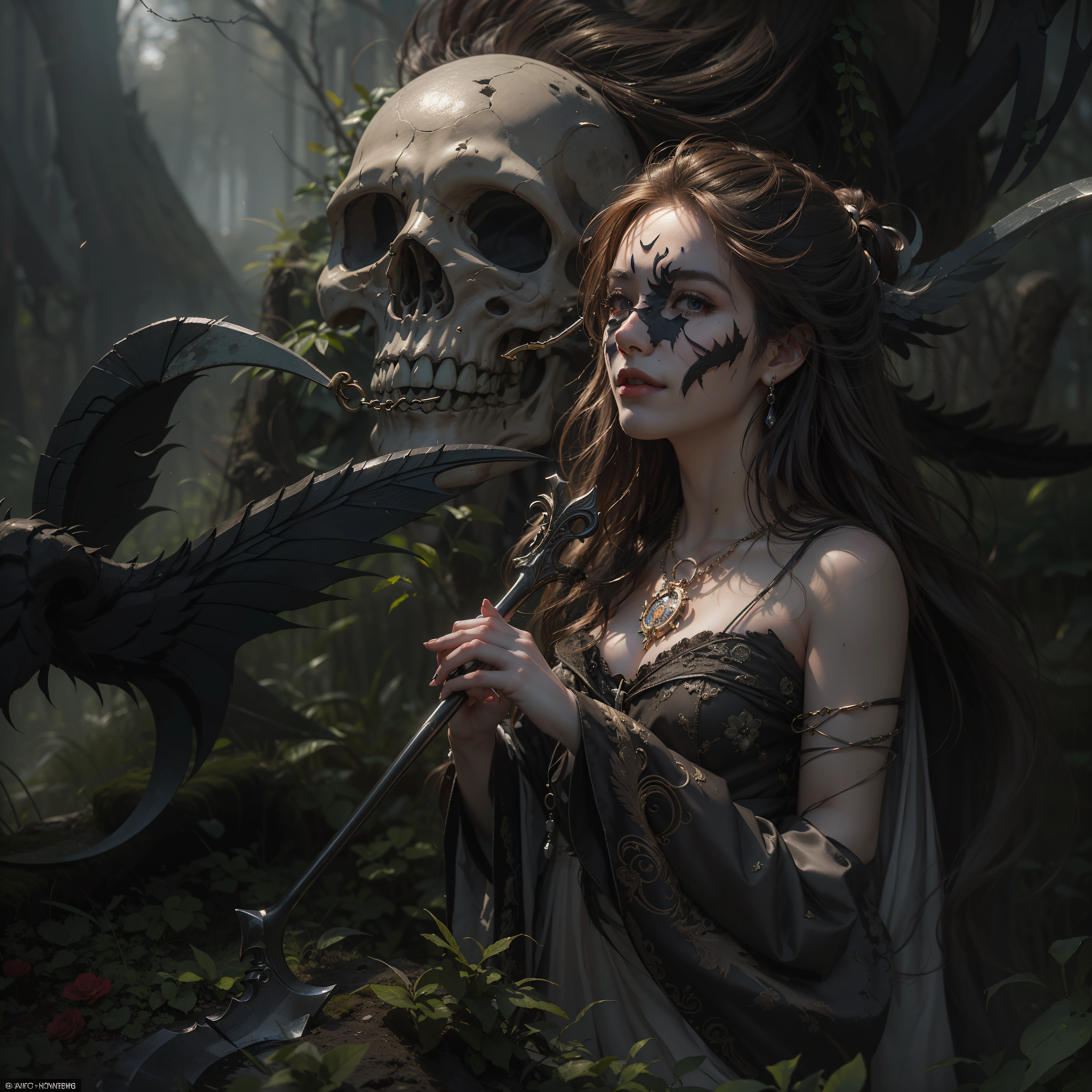 (Numerous award-winning masterpieces, with incredible detail, textures and maximum detail), (hyper realistic:1.4), (realistic:1.3), (best quality real texture skin), (finely detailed true circle eyes), (finely Detailed and beautiful face:1.6), ((medieval world)), (grim reaper:1.4), (icy look in the eye), (she has a nasty smile on her face but her eyes aren't smiling:1.3), (Full-length portrait:1.5), (It has a soul-reaping scythe in its hand:1.5), (Eyes that glow red in the dark), (Dramatic Light), (full-body standing image:1.5), (A majestic sight), Her countenance is gentle and beautiful, but somehow terrifying, (Large wings with ragged black feathers behind shoulders:1.3), (Wears a dark black hooded robe with intricate patterns:1.2), (A sack containing reaped souls with a faint glow:1.3), Folded wings, Earrings with a skull pattern, (Followed by a skeleton knight behind:1.1), (((dramatic photo))), (twilight), (sunset), (dusk), ((dramatic pose)), (flamboyant photo), (golden hair), (silver hair), (chestnut hair), ((looks up)), ((looking down)), (gives full-body standing image:1.5), (Around her neck is a simple necklace of exquisite workmanship), Forgotten Tomb Overgrown with Vegetation, Great Tomb, Underground Labyrinth, Evil Temple Ruins, Sacrificial Temple, Mysteriously, (Magic Circle of Ominous Shine:1.2), Ancient Castle Ruins, Deserted Graveyard Ruins, Crumbled Ancient Tomb, Stagnant Water Ancient Ruins, Swamp Ruins, wavelets, running water, Shining majestic cloud masses and sky, lightning bolt,
