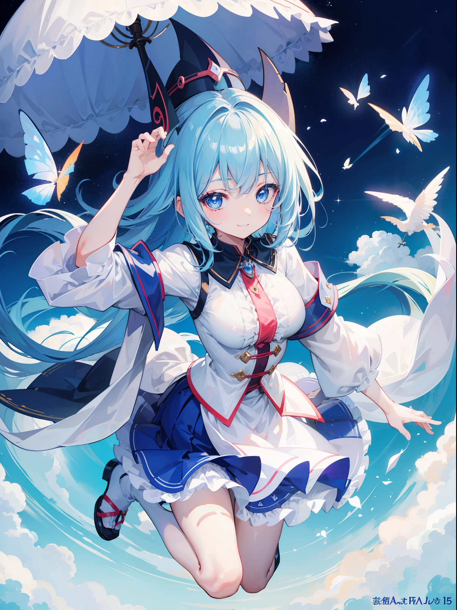 Dark Magician Girl、MKSKS style、1 person、Wizard Hat、(highly detailed back ground:1.0)、(highly detailed back ground:1.0)、​masterpiece、top-quality、超A high resolution、in 8K、full body Esbian、(Above the clouds 1:4、are flying:1.2)、BREAK、(1/2 vermilion and 1 vermilion/2 Light blue hair)、BREAK、(1/2 white and 1/2 yellow shirts、Parasol skirt:1.5、White parasol、Red button:1.1)、BREAK、Detailed skin、glowy skin、bare-legged、A detailed eye、Blue eyes、Burning cheeks、Wearing makeup、A smile、Large breasts