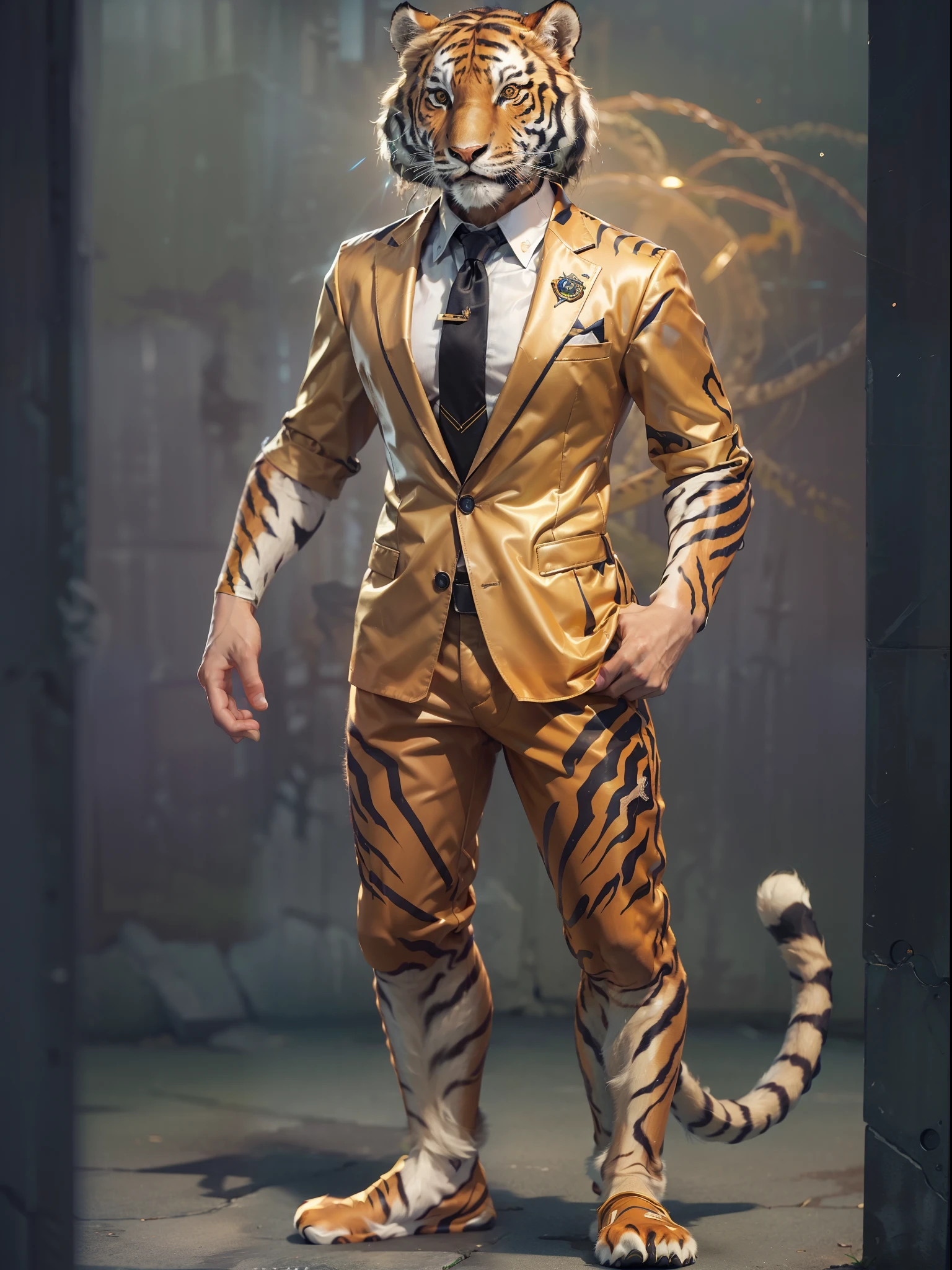 (((fullbody image、Standing posture)))、(Full body tiger standing upright in luxury business suit、Humanoid tiger、Cool anthropomorphic tiger with long legs)、masterpiece, top-quality, in 8K , intricate detailes, ultra-detailliert , light Particle、32K Digital Paint, Hyper-Realism, No background