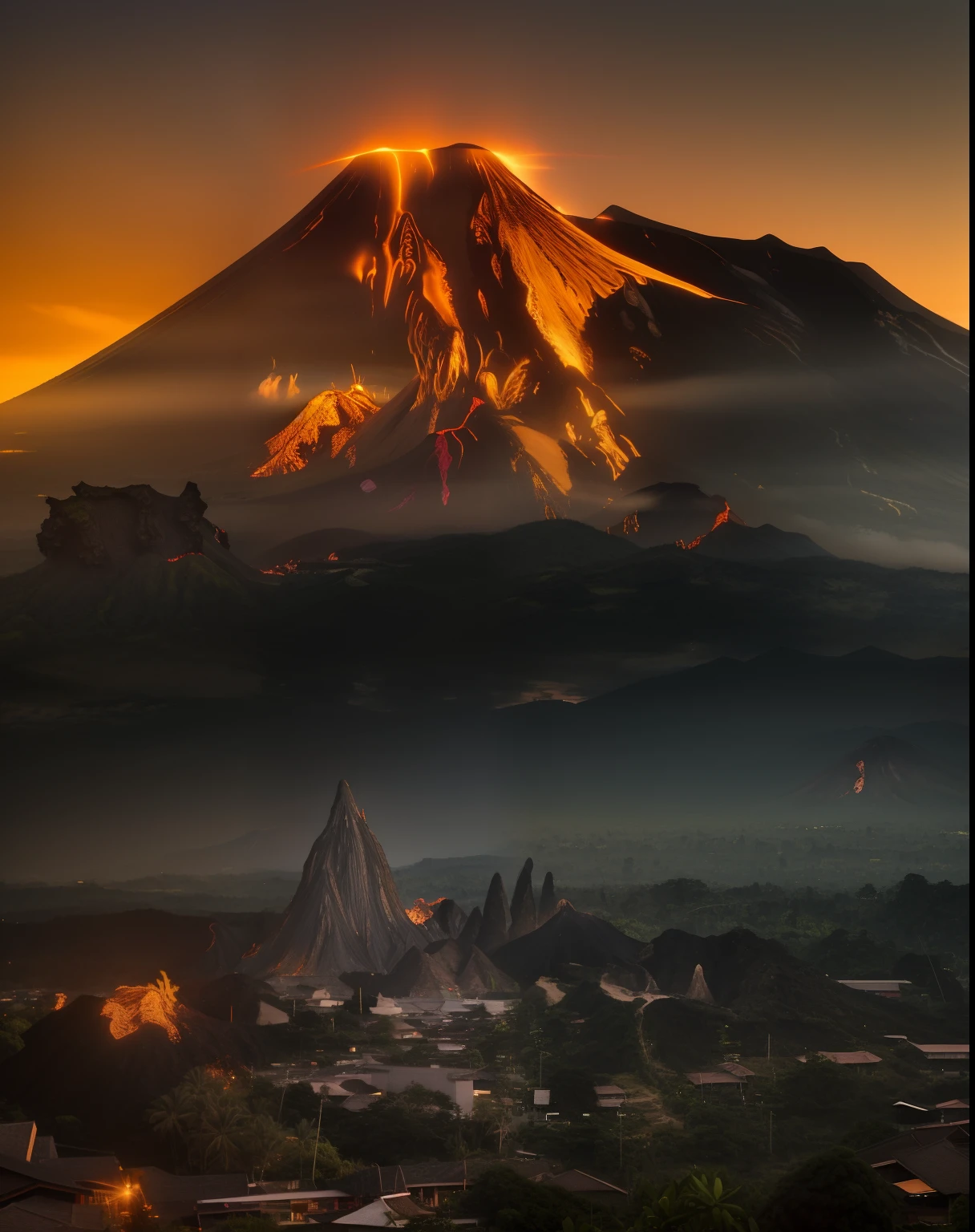 Golden hour ofarafed mountain with a small town below it and a town below, volcano setting, volcano in background, volcano in the background, indonesia national geographic, volcanoes in the background, volcano landscape, indonesia, with a volcano in the background, bali, mountain in the background, mountain in background, moutain in background, volcano, ancient indonesia, giant imposing mountain