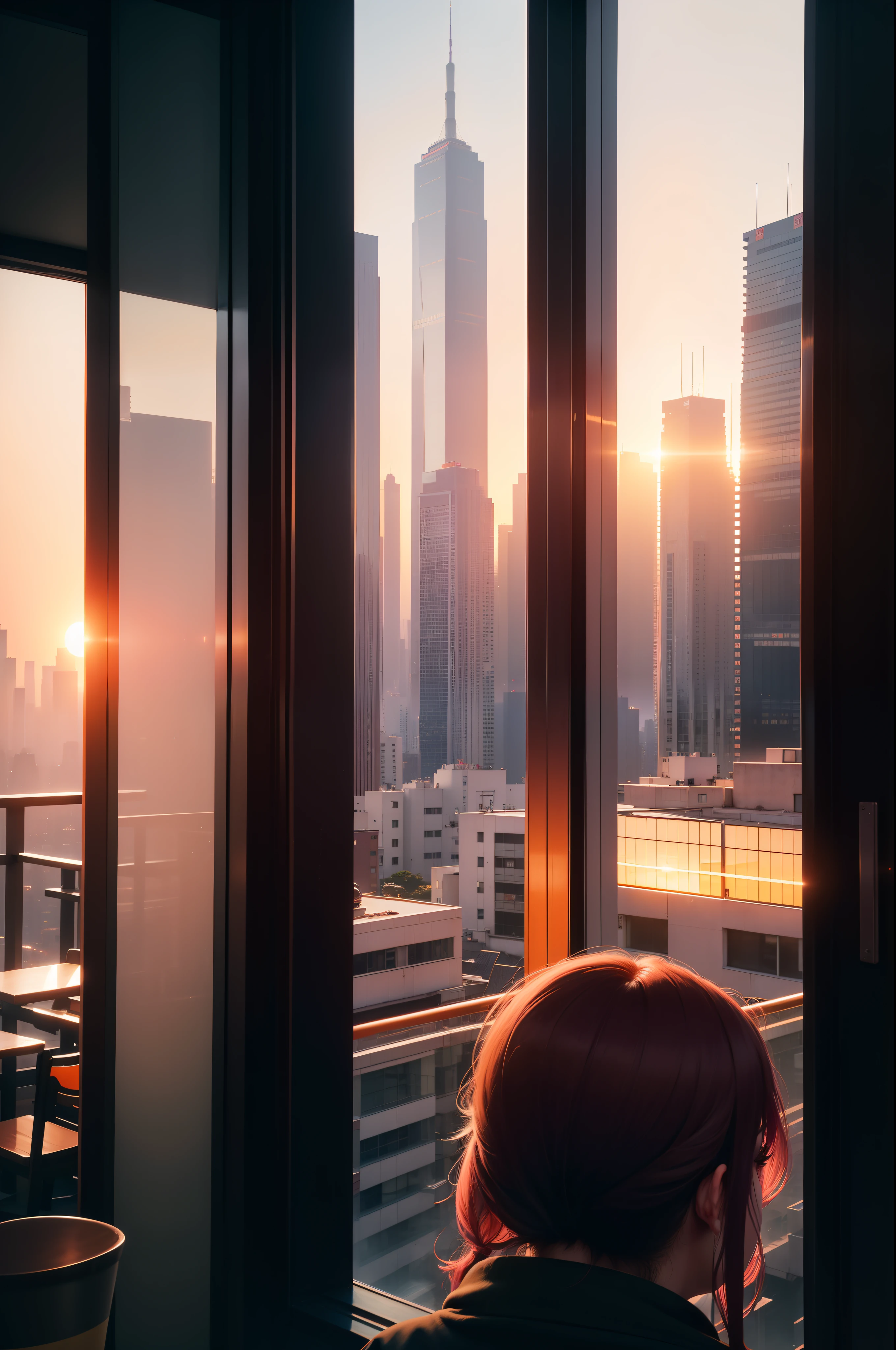 at the sunset, 城市, Skyscrapers, a person々Flow of, Building windows, Warm light, Walkway, a person々, cafe terrace, Friends, Laughing, Skysky, an orange, pink there, tints, Urban hustle and bustle, Beautiful sunset, harmony