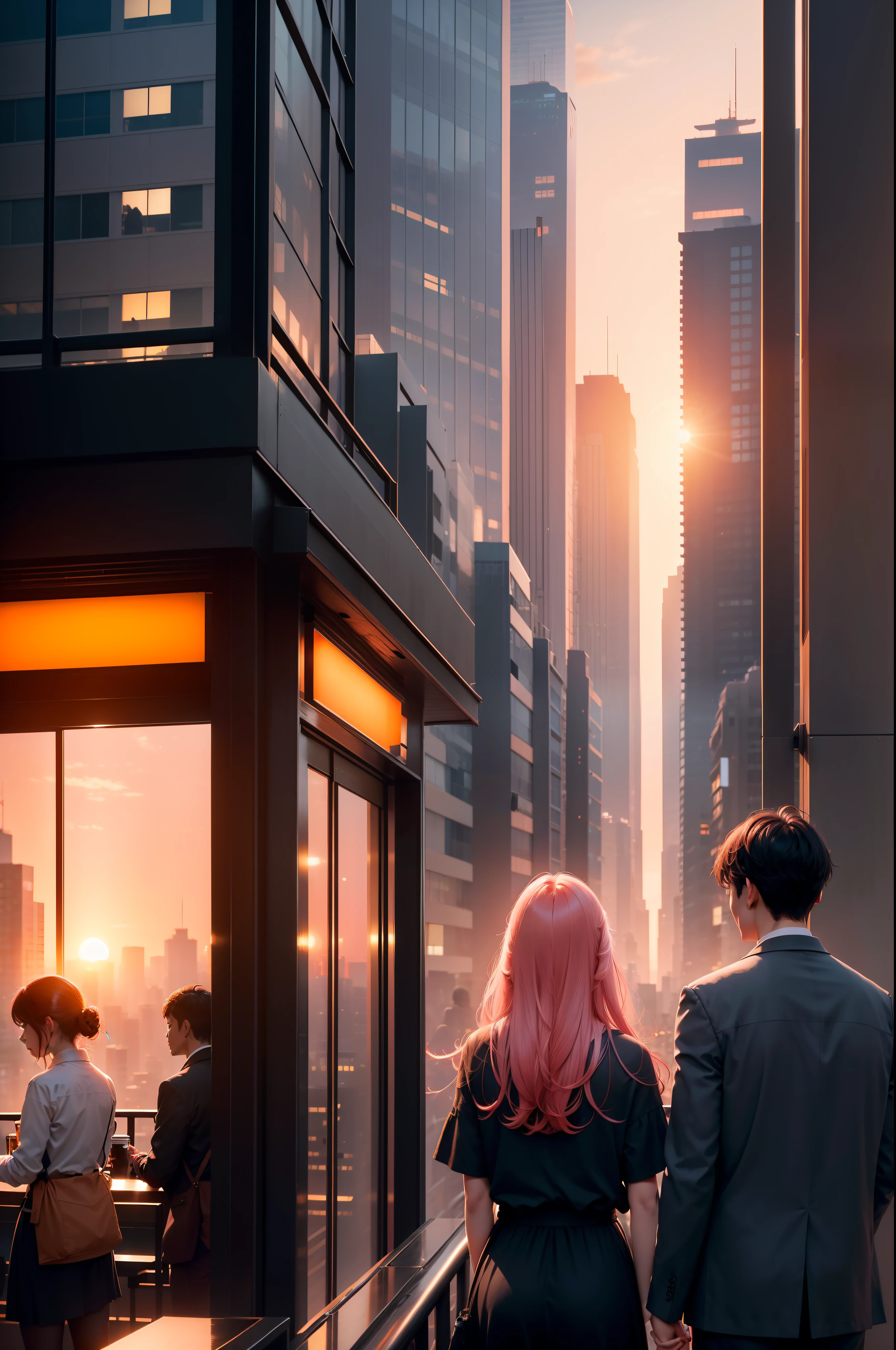 at the sunset, 城市, Skyscrapers, a person々Flow of, Building windows, Warm light, Walkway, a person々, cafe terrace, Friends, Laughing, Skysky, an orange, pink there, tints, Urban hustle and bustle, Beautiful sunset, harmony