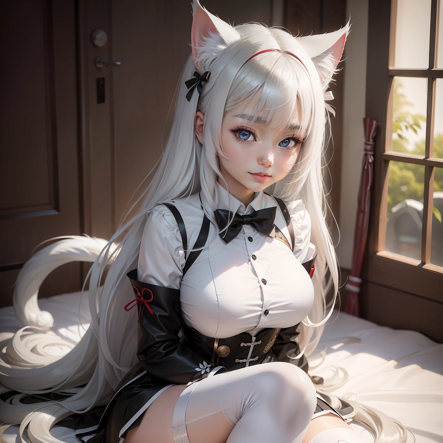 Silver hair, long whitr hair, double tails, ssmile, White cat ears, red color eyes, Chinese female high school student, asiagirl，Beautuful Women，teens girl，White skin of the，anime big breast, High school student uniform，Black bow，Perfect cat lady，white stockings，Super detail, k hd