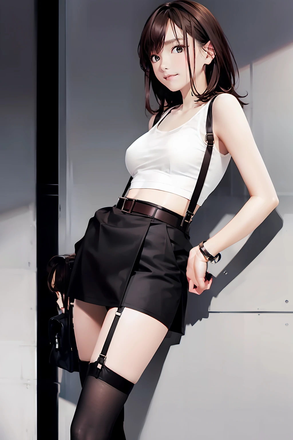 a black skirt, Tank Tops suspenders, Brown hair short, Gray eyes, holster, Garter belt on the legs, moderate chest and tight clothes, both sides Behind No Bra Belt