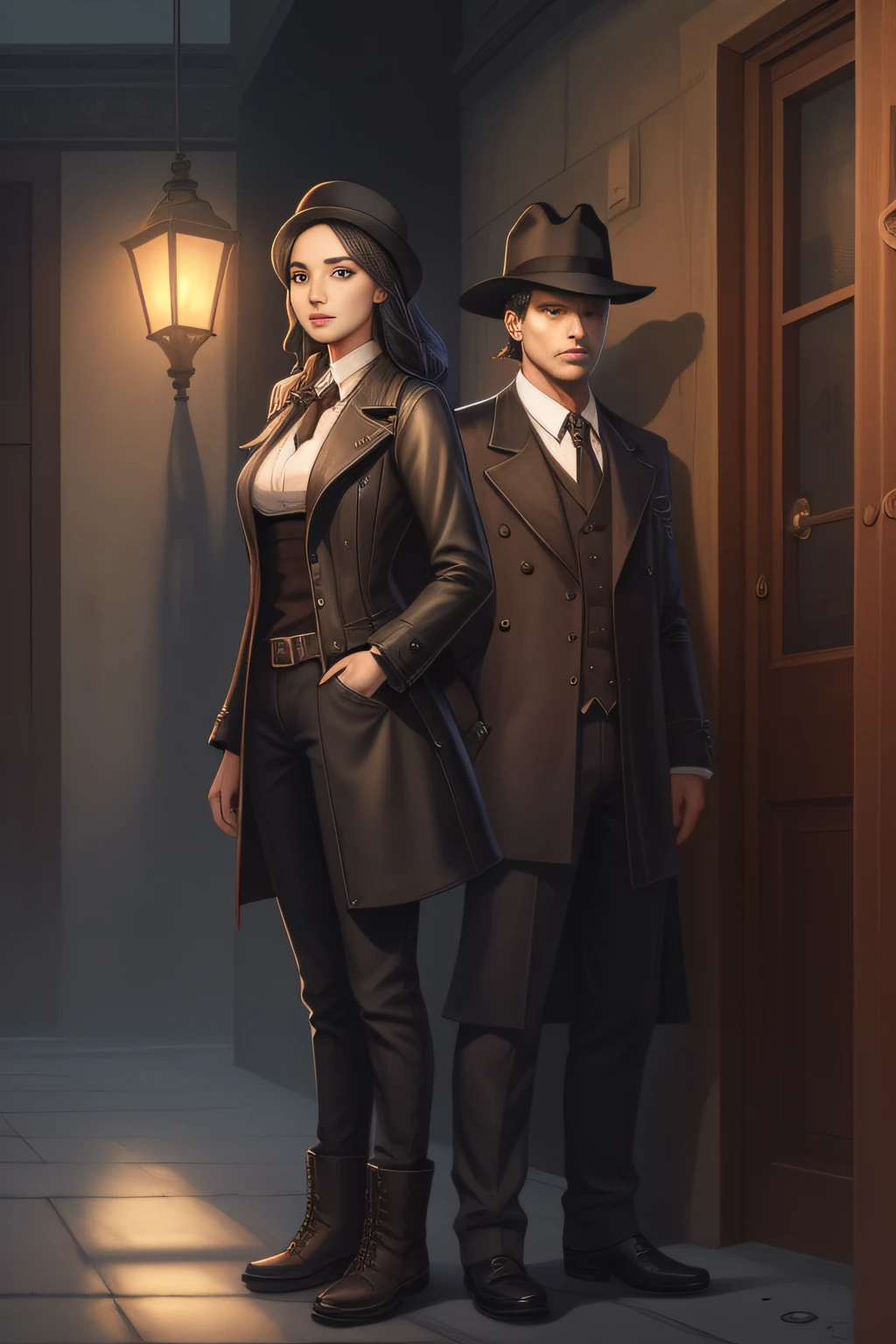 There are two people next to each other in a building, Casaco de detetive, Game Illustration, roupas de detetive, Detetive Noir e um Fedora, detailed game art illustration, arte de fundo, arte chave do jogo, arte detalhada do jogo, PJ and Sophia set off towards the Shadow Mansion.