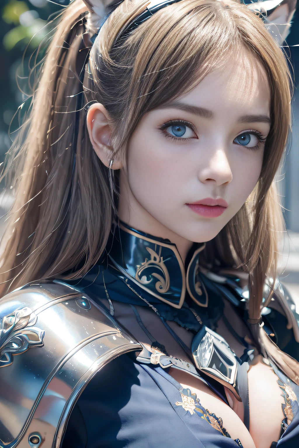 bright expression、poneyTail、young and shiny white shiny skin、Best Looks、Gold reflects light、Platinum blonde hair,Shine brightly、Shiny light hair,、Super long silky straight hair、Beautiful bangs that shine、Big blue eyes that sparkle like crystal clear and charming、Very nice and lovely girl、Lush bust,Beautiful detailed eyes, Beautiful detailed nose,(( full bodyesbian:1.25)),Eyes emphasize makeup、((Pleated pleated skirt)),A woman like Joan of Arc、Knights, With a sword and shield,Royal style,Comic style, , Sub-surface scattering, ornate detail, nature backdrop, Hyper-realistic, Cinematic, Dramatic lighting, masutepiece、Armor with a wolf motif、((Wolf ears))、