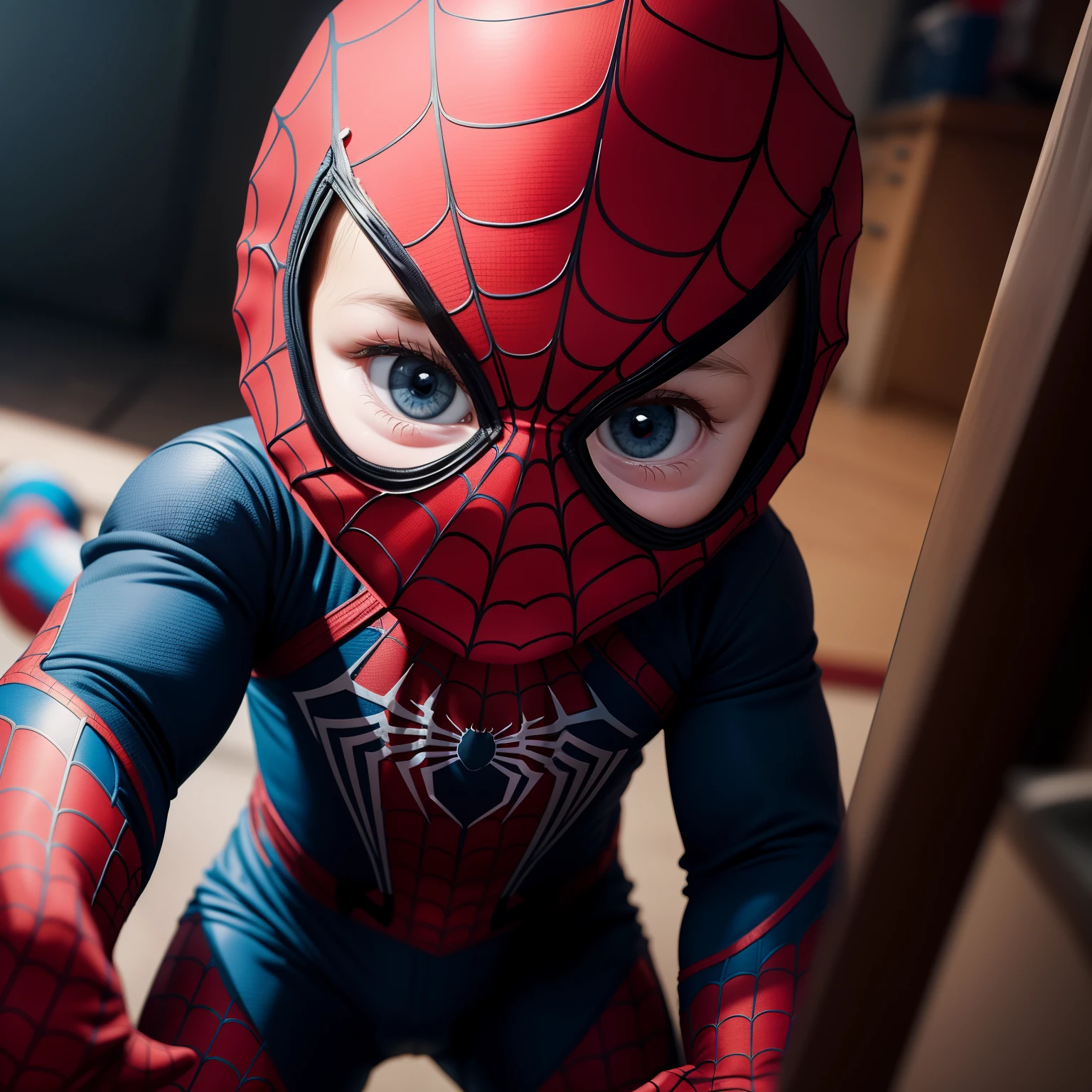 Create an image depicting a baby version of Spider-Man, capturing his adorable and curious nature. Depict the baby Spider-Man in a playful and innocent pose, showcasing his small yet spirited demeanor. Dress the baby Spider-Man in a tiny version of his iconic costume, complete with the web pattern and mask. Use a cute and vibrant art style to emphasize the baby Spider-Man's endearing qualities and his potential for superhero adventures. Incorporate elements of curiosity and exploration that are characteristic of babies. Utilize a color palette that evokes Spider-Man's classic red and blue while maintaining a childlike charm. The camera angle should highlight the baby Spider-Man's expressions and interactions with his surroundings. Opt for a wide-angle lens to capture the delightful details of the baby Spider-Man's appearance. Render the image in high resolution to convey the adorable contrast of a pint-sized superhero.