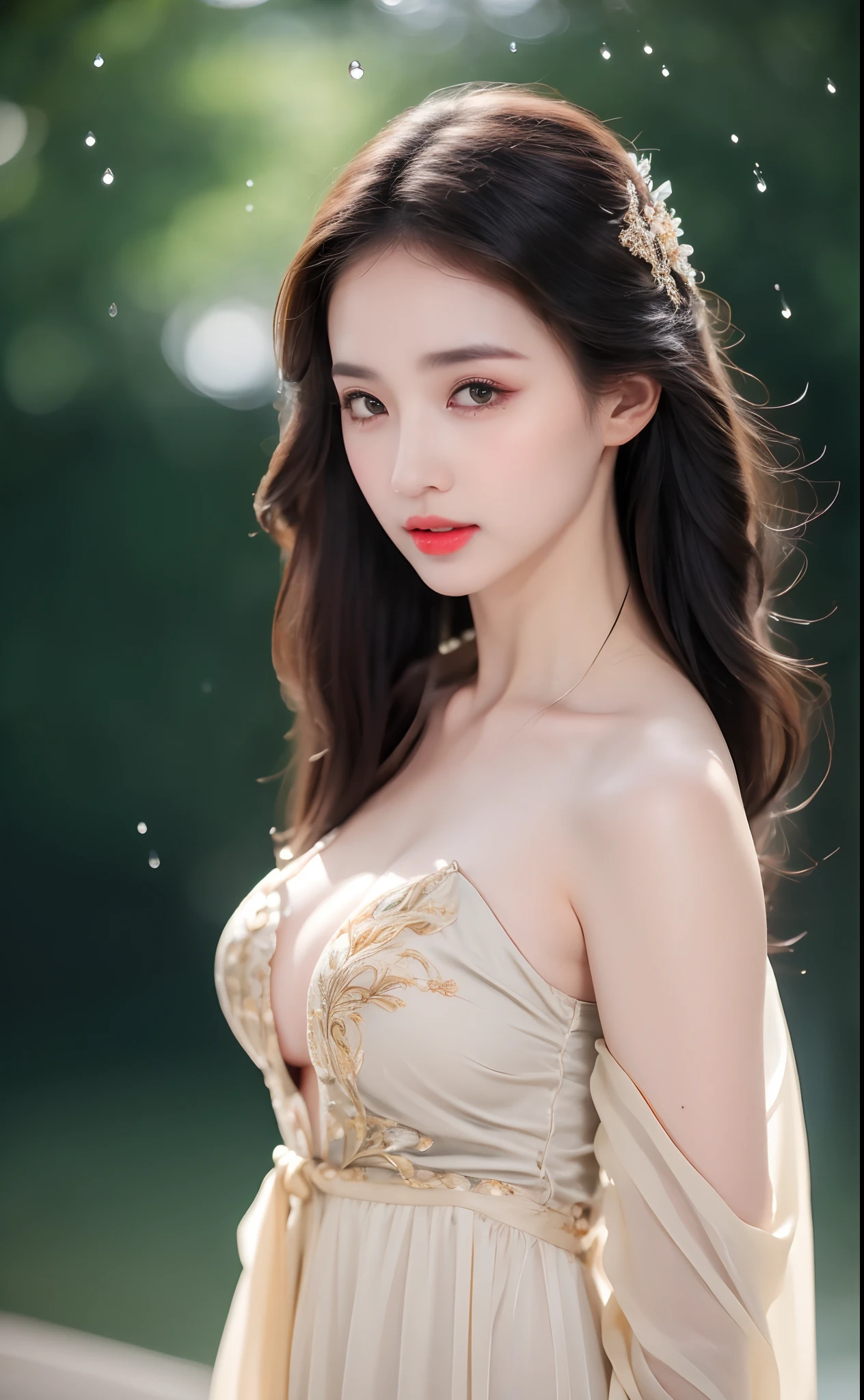 ((Best Quality, 8k, Masterpiece: 1.3)), Focus: 1.2, Perfect Body Beauty: 1.4, Buttocks: 1.2, ((Layered Haircut)), (Wet Clothes: 1.1), (Rain, Street:1.3), (Breasts: 1.2), (Hanfu: 1.2), Bare Shoulders, Bare Legs, Highly Detailed Face and Skin Texture, Fine Eyes, Double Eyelids, Whitened Skin, Long Hair, (Shut Up: 1.5), (Bokeh Background: 1.5), Big Breasts