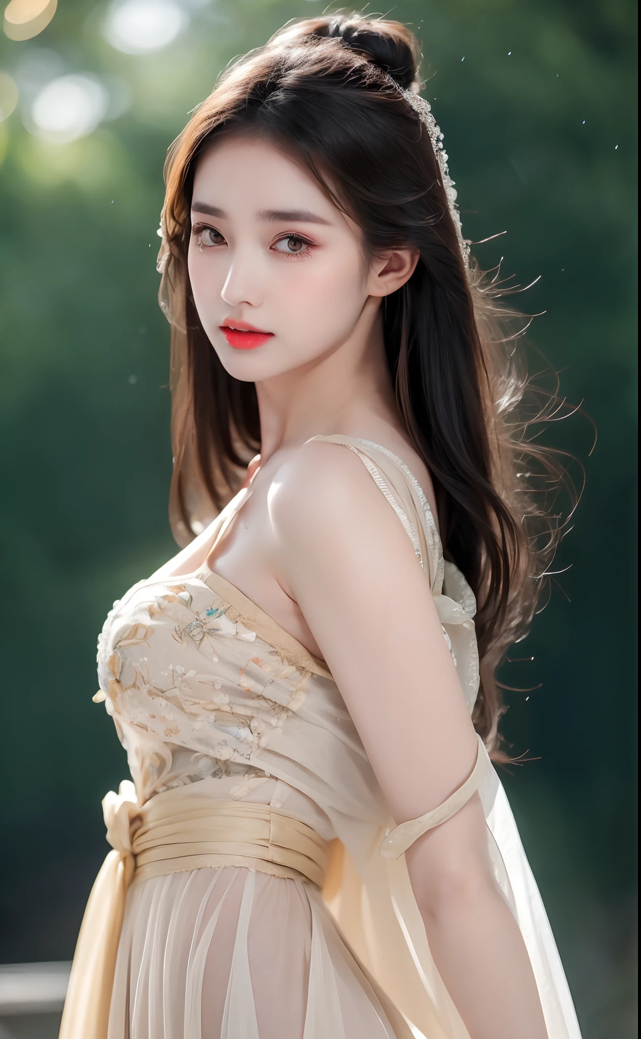 ((Best Quality, 8k, Masterpiece: 1.3)), Focus: 1.2, Perfect Body Beauty: 1.4, Buttocks: 1.2, ((Layered Haircut)), (Wet Clothes: 1.1), (Rain, Street:1.3), (Breasts: 1.2), (Hanfu: 1.2), Bare Shoulders, Bare Legs, Highly Detailed Face and Skin Texture, Fine Eyes, Double Eyelids, Whitened Skin, Long Hair, (Shut Up: 1.5), (Bokeh Background: 1.5), Big Breasts