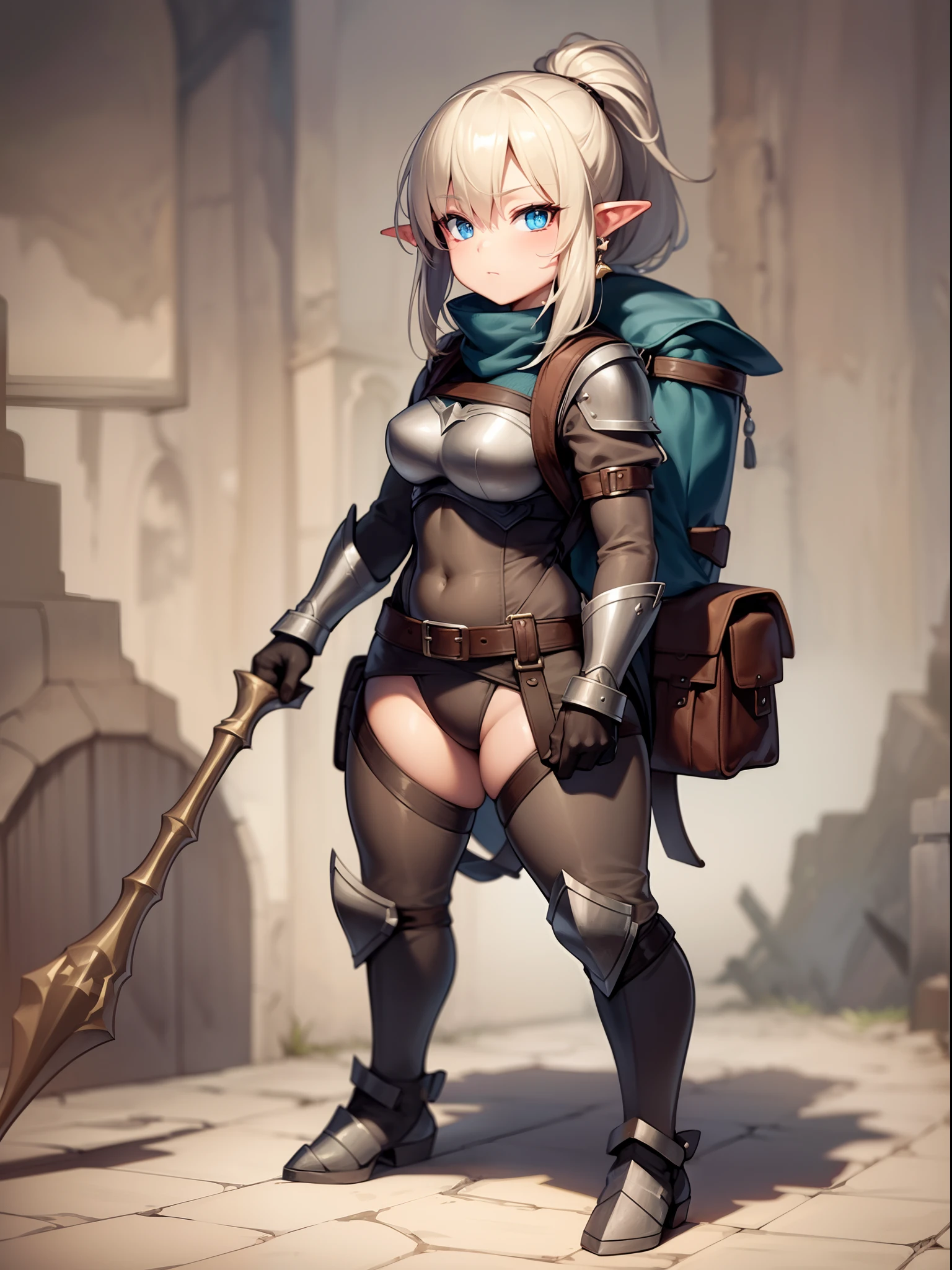 Female goblin in leather armor and backpack in dungeon, Beautiful, facing front, Halfling proportions, Perfect, clean line drawings