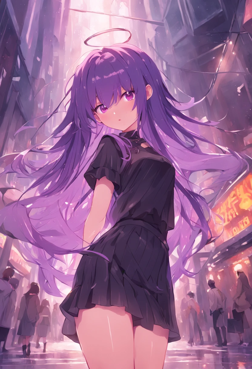 Purple hair、Purple hair、Tsundere、thighs thighs thighs thighs、Illustrated girl in short skirt and black shirt standing in the city, Illustration Moe Art Style, Illustration Style 4K, Seductive illustration girl, Cute illustration waifu in a nice dress, Illustration girl in black dress, hanayamata, Waru Illustration 8 K, zerochan art, Illustration Art Wallpaper 8K, (Illustration Girl)