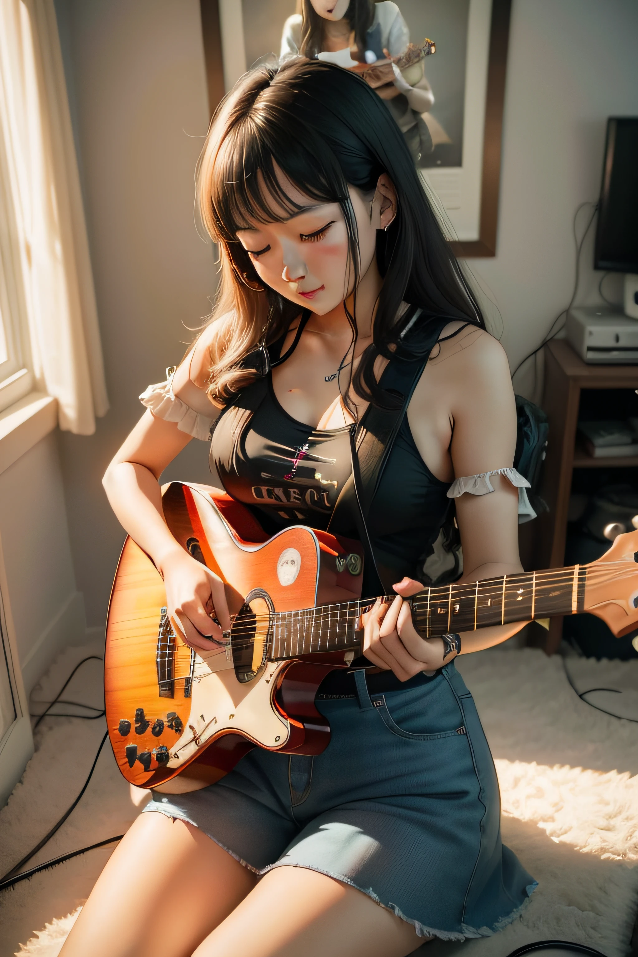 A photo of an extremely beautiful Asian girl playing guitar ,wearing streetwear in the middle of a glass cube filled with lightbulbs, taken from a high angle shot, with dark hair bangs, white sneakers, studio lighting in the style of Kodak film stock 