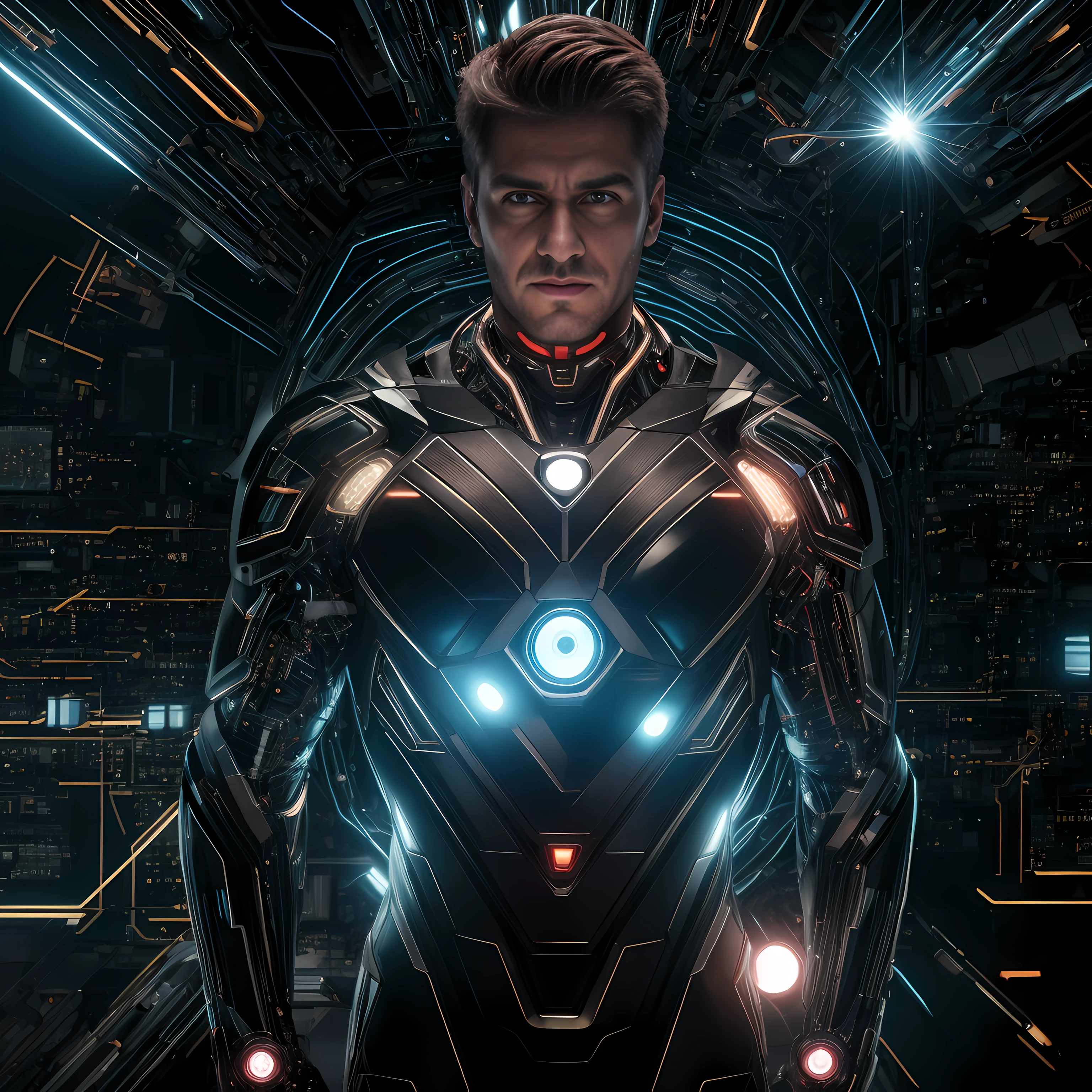 Cyber man, (((corpo inteiro))), Circuits of tubes around the neck, estrutura de metal reluzente no peito, [illuminated electronic eye 1.5], Looking at camera, [cabelos dourados 1.0], foto de capa hiper realista deslumbrante em cores, Night of lighting in the background, intrincado. Definition of Blockbuster, cinemactic, Realistic photographic masterpiece with 8k resolution: