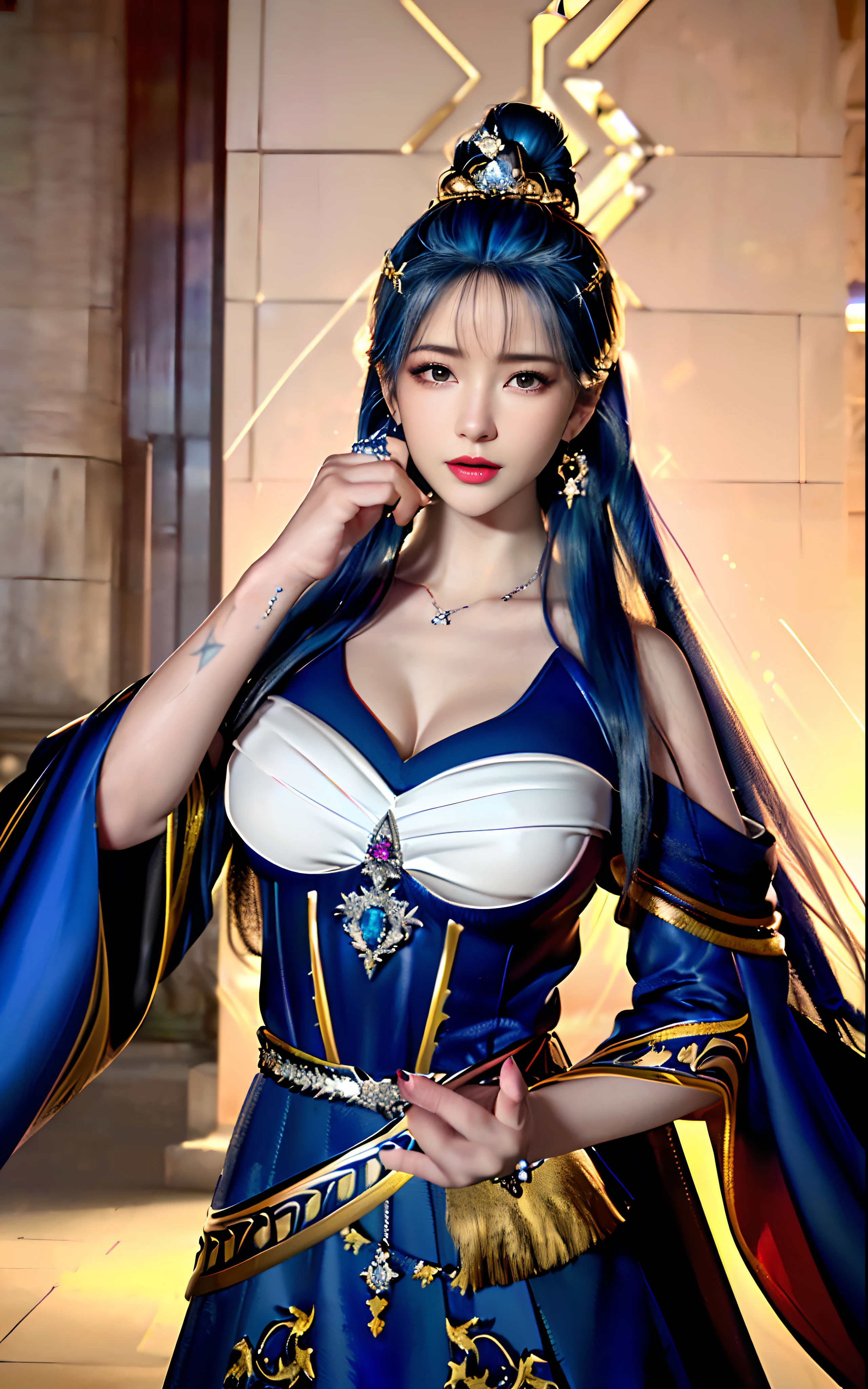 ((realisticity: 1.2)), ((realistic: 8K UHD)), ((best resolution: 8K UHD)), hyper detailed, best quality,masterpiece,highres,cg, ((1 girl hyper detailed and hyper realistic) ) , ((beautiful queen, hyper realistic and hyper detailed)),((white skin, beautiful, smooth, youthful, hyper realistic and hyper detailed )), ((Face hyper beautiful, white, hyper realistic and hyper detailed ) ), long hair, ((hyper realistic and hyper detailed dress)), solo, ((hyper realistic, hyper beautiful, beautiful and hyper detailed jewelry)), ((hyper beautiful deep red and golden yellow dress, hyper realistic and hyper detailed )) , ((Her pretty, hyper realistic, hyper detailed diamond filled earrings)), ((Her gorgeous diamond haircut, hyper realistic and hyper detailed)), ((hyper pretty upper body, hyper beautiful, hyper realistic and hyper detailed) ), ((medium breast: 1.1)), ((hyper realistic, hyper pretty, hyper detailed boobs)), ((the backgroun of the royal palace is hyper majestic, hyper realistic and hyper detailed)),((hands and palms hyper beautiful, hyper detailed, hyper realistic)), ((hyper detailed and hyper realistic fingers and fingernails)), ((hyper pretty fingernails, hyper vivid, hyper detailed, hyper realistic)), ((thumb, index finger, middle finger, ring finger, little finger hyper vivid, hyper pretty, hyper detailed, hyper realistic)),
((hyper beautiful fingers, hyper detailed, and hyper realistic)), ((posture not too fat and not too thin, hyper realistic, hyper detail)), ((hyper pretty, hyper pretty, hyper realistic and hyper detailed hair bun)), ((hyper pretty , hyper realistic and hyper detailed blue hair)), candid, Photo, high resolution, 8k , bokeh,