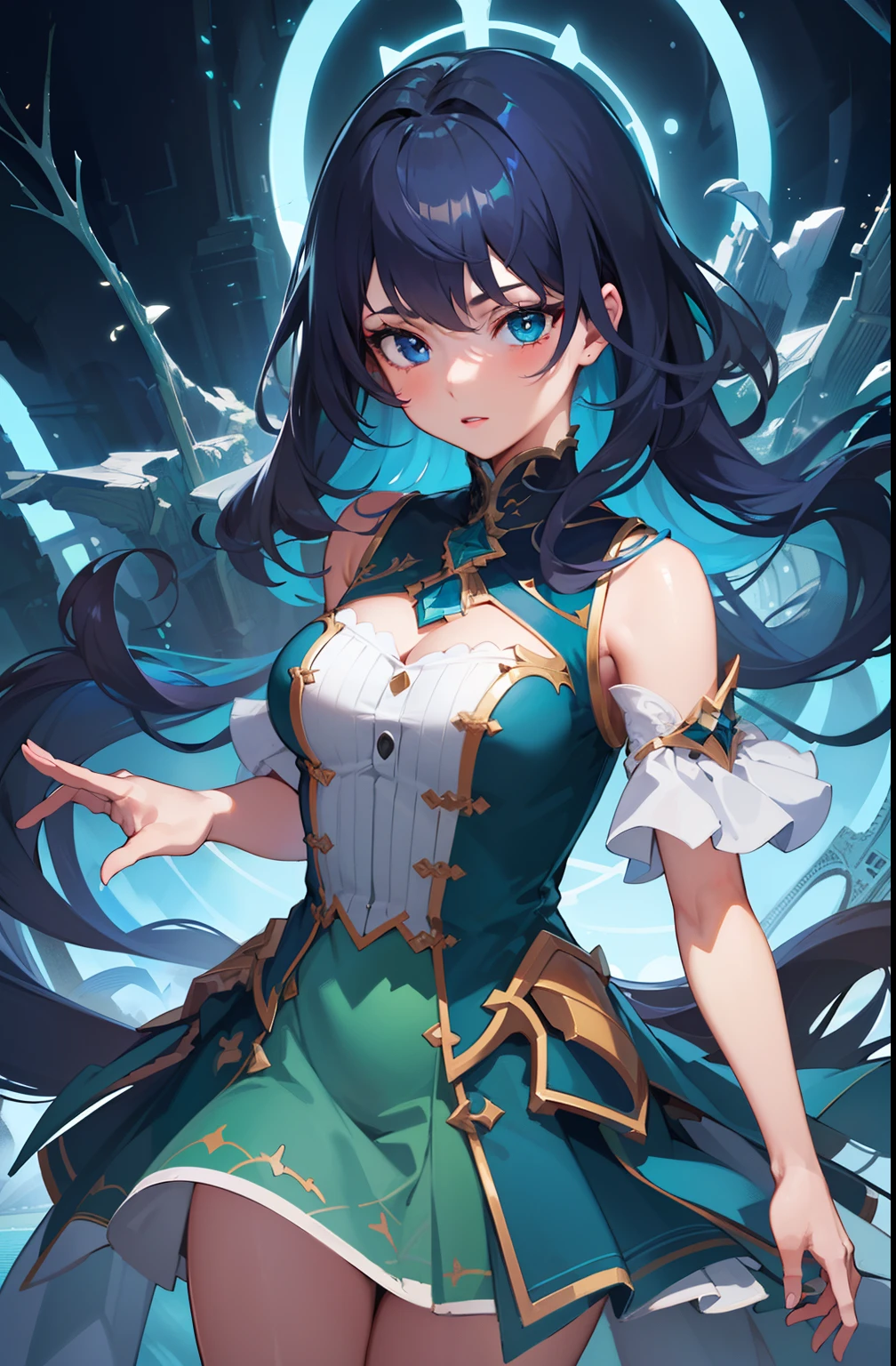 1 girl, solo, high-quality masterpiece, intricate CG details, stunning 8K wallpaper, meticulously rendered character, vibrant dark blue hair, captivating heterochromia eyes (green left, blue right), elegant white captain dress