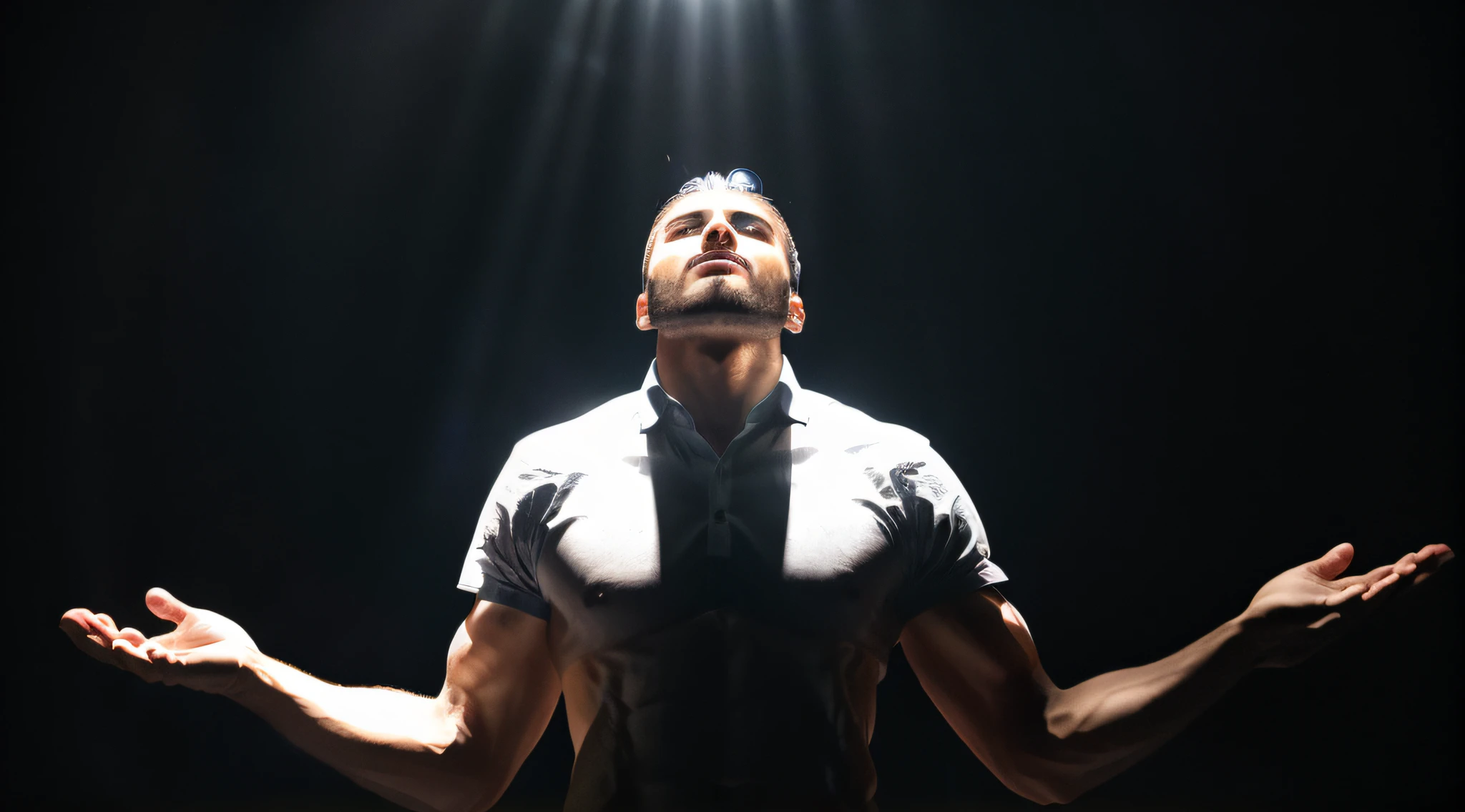 Arafed man with his arms outstretched in front of a bright light, dramatic lighting man, posing in dramatic lighting, glowing halo above his head, standing under a beam of light, ajoelhado e olhando para cima, dramatic lights spiritual scene, em um fundo escuro, Dramatic illumination with God's rays, epic dramatic lighting, he is casting a lighting spell