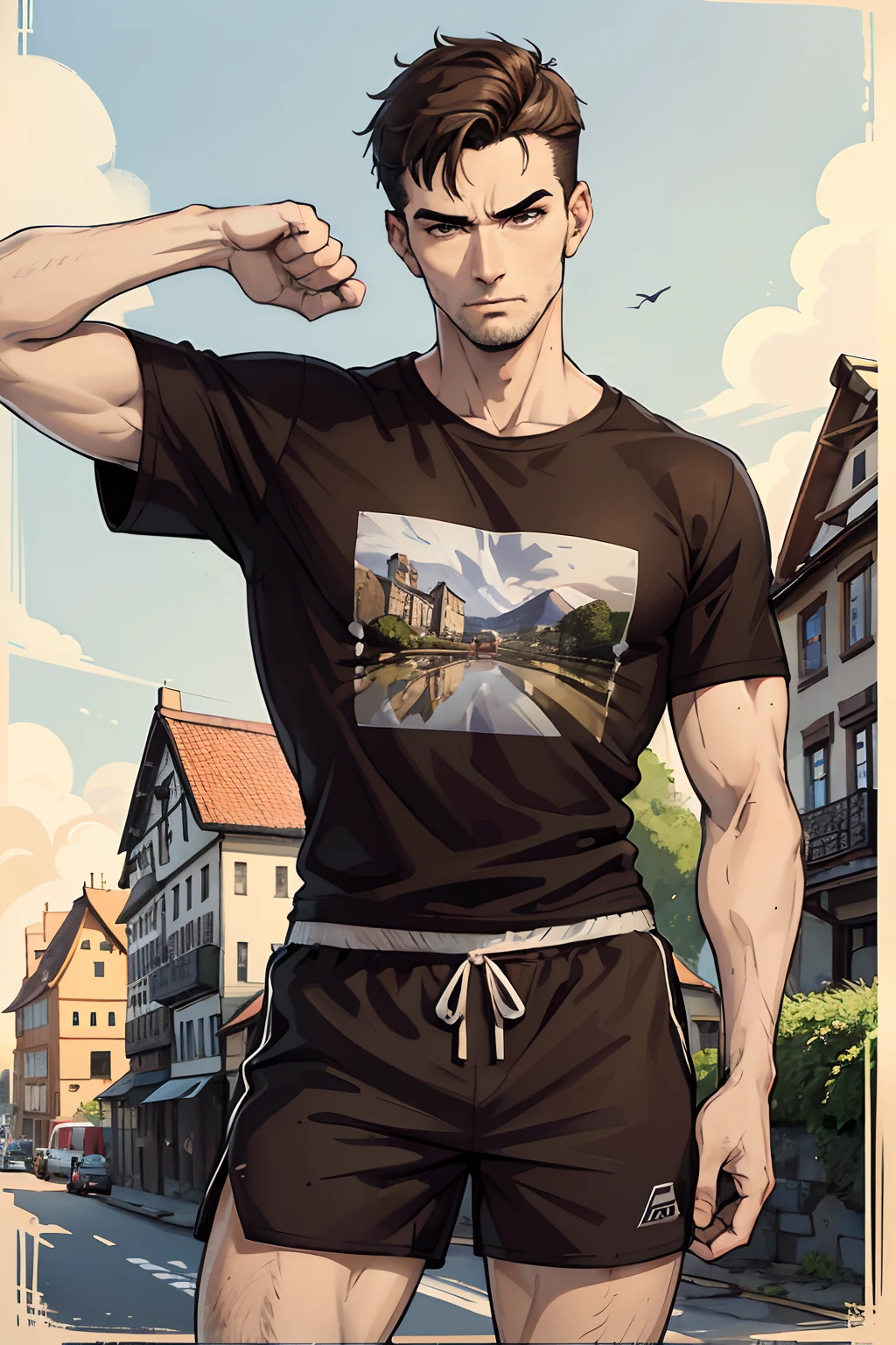 Cap sleeve t-shirt, gym shorts, young adult, 20 years, European face structure, German face structure, short hair, dark brown hair, tall, brown eyes, serious expression, 6.3 feet tall, strong, masculine face, masterpiece, European village background, nature background, old street background