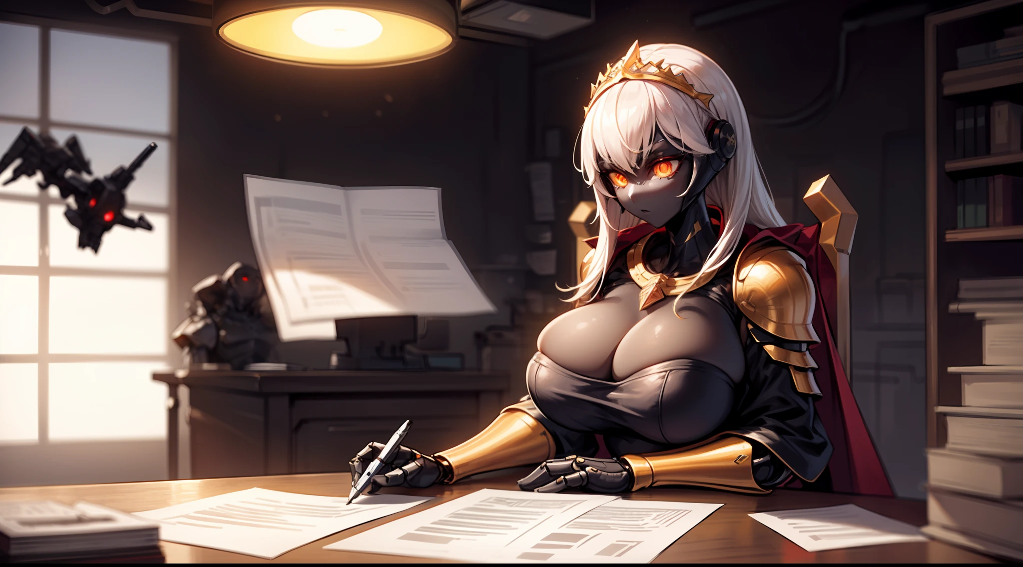 1girl,solo focus, robot girl, humanoid robot,robot joints,orange eyes,long hair, (colored skin),huge breasts,tiara, jewelry, armored dress,gold trim, sleeveles,cape,(indoor),office,sitting,on throne,table,pile of paper,document,pen in hand, close-up,upper body,